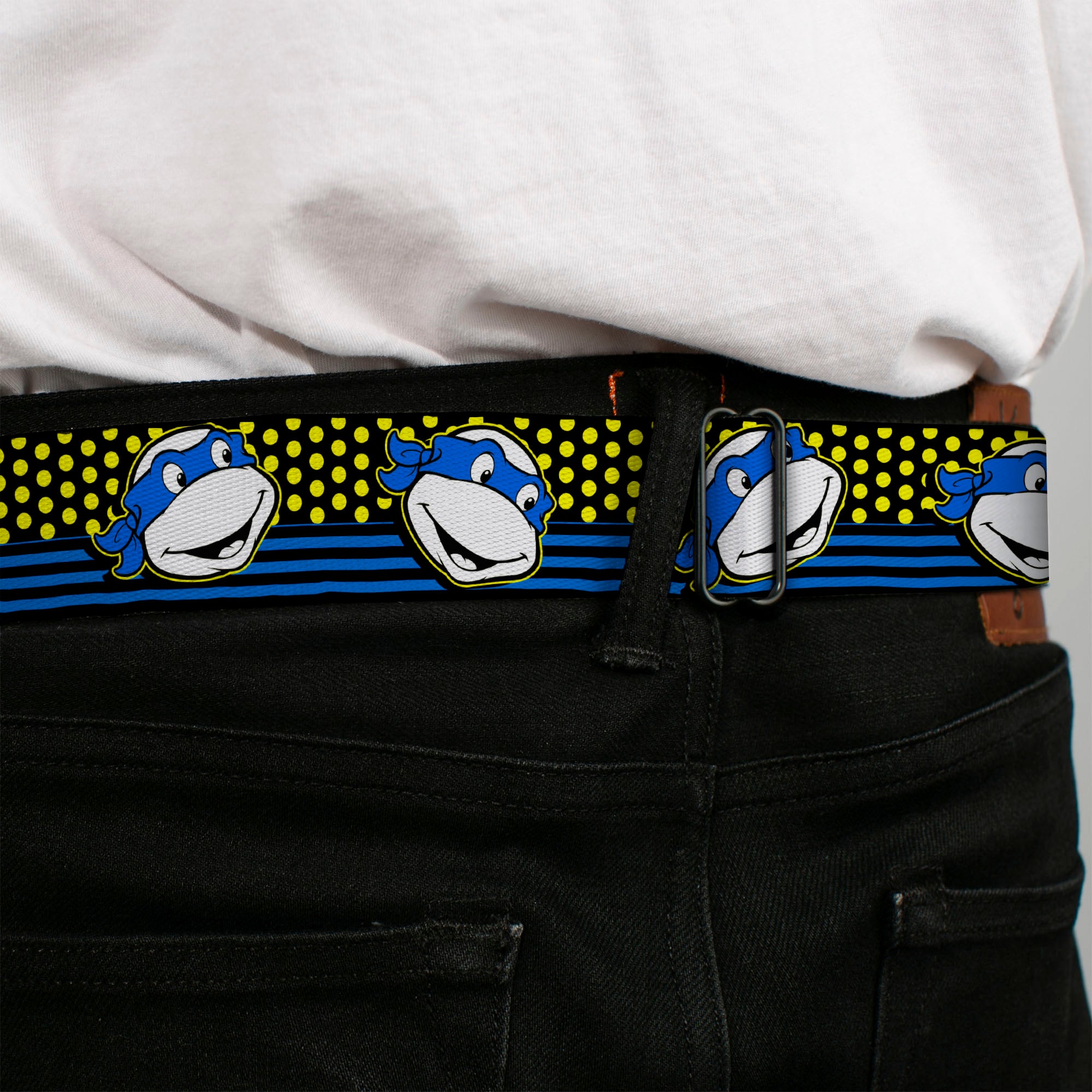 Classic TMNT Logo2 Full Color Seatbelt Belt - Classic TMNT Leonardo Expression Dots/Stripes Black/Yellow/Blue/White Webbing Seatbelt Belts Teenage Mutant Ninja Turtles