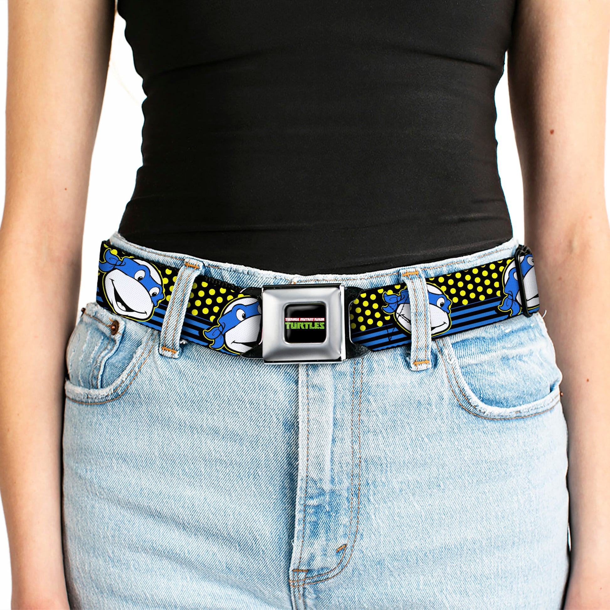 Classic TMNT Logo2 Full Color Seatbelt Belt - Classic TMNT Leonardo Expression Dots/Stripes Black/Yellow/Blue/White Webbing Seatbelt Belts Teenage Mutant Ninja Turtles