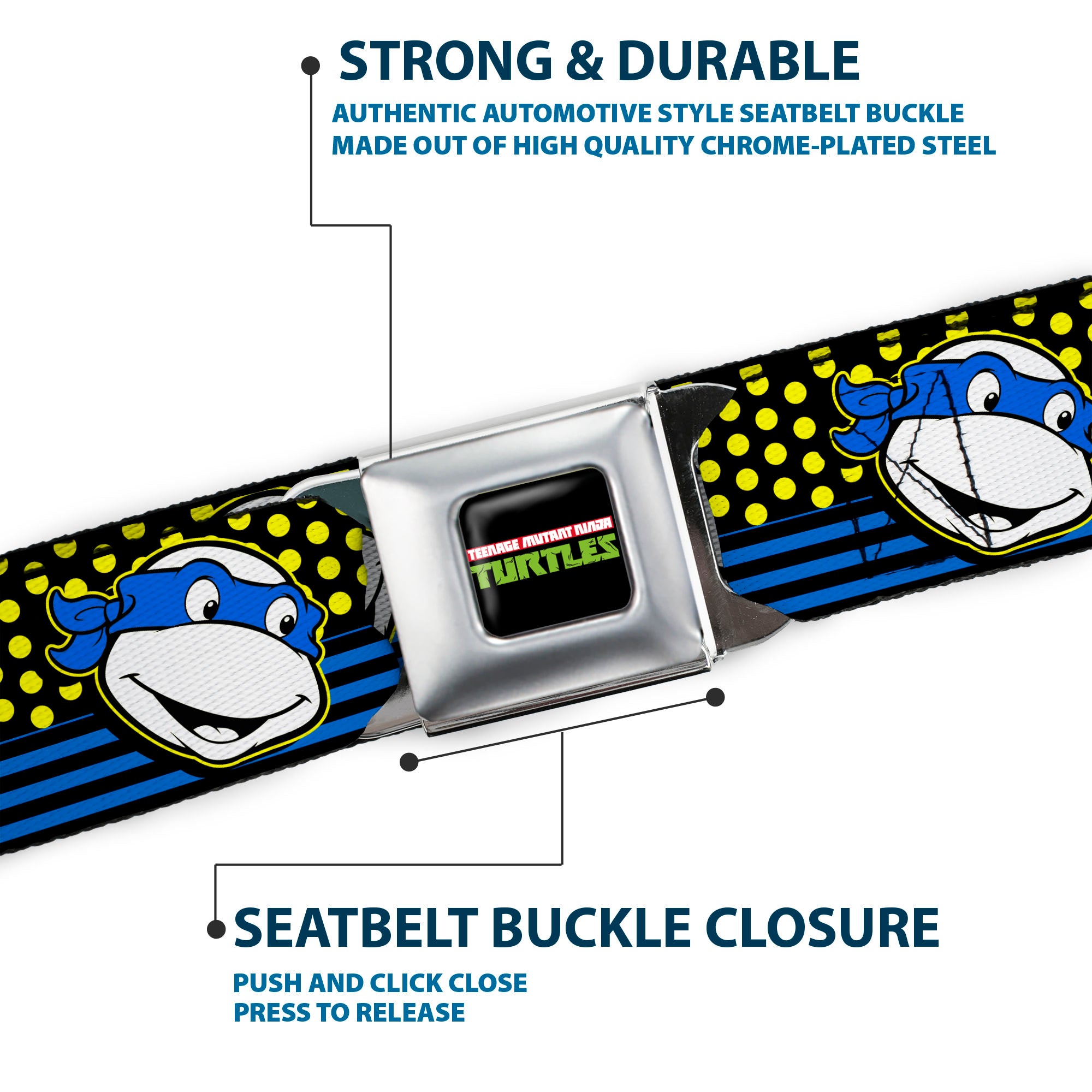 Classic TMNT Logo2 Full Color Seatbelt Belt - Classic TMNT Leonardo Expression Dots/Stripes Black/Yellow/Blue/White Webbing Seatbelt Belts Teenage Mutant Ninja Turtles