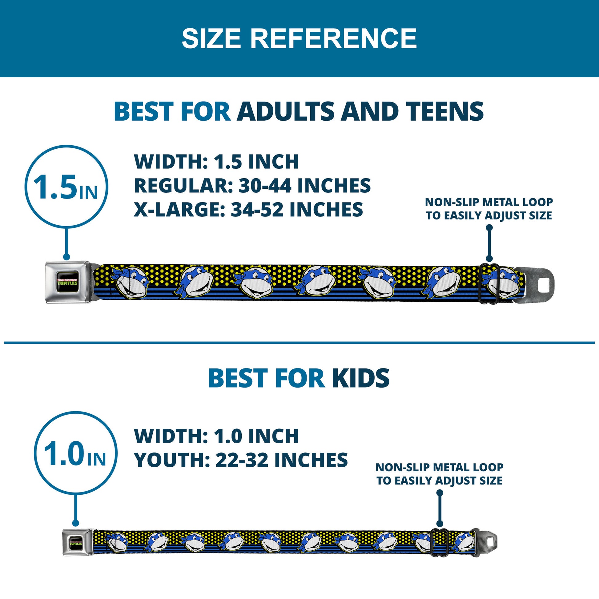 Classic TMNT Logo2 Full Color Seatbelt Belt - Classic TMNT Leonardo Expression Dots/Stripes Black/Yellow/Blue/White Webbing Seatbelt Belts Teenage Mutant Ninja Turtles