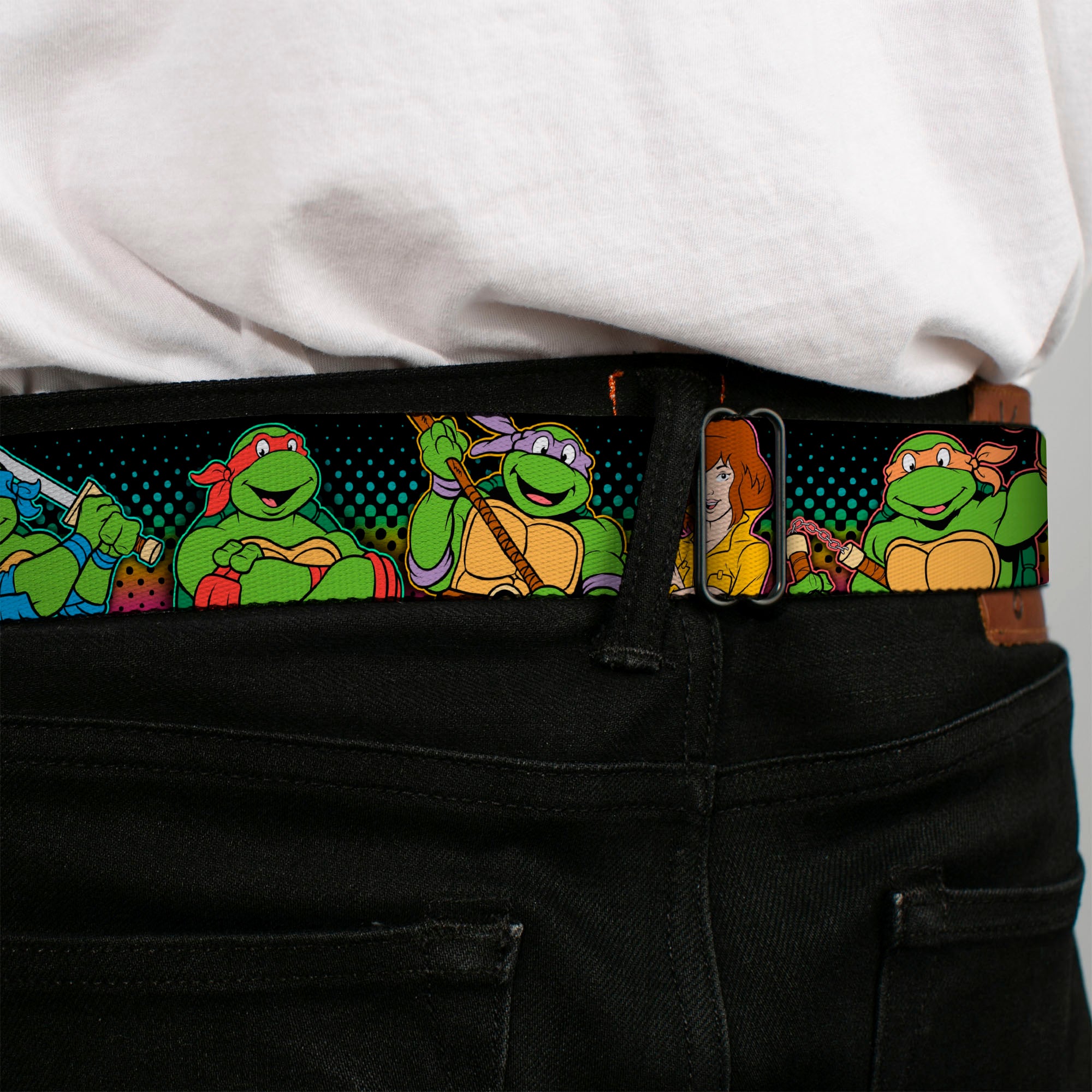 Classic TMNT Logo2 Full Color Seatbelt Belt - Classic TMNT Logo2/Turtles & April Pose Halftone Multi Color/Black Webbing Seatbelt Belts Nickelodeon