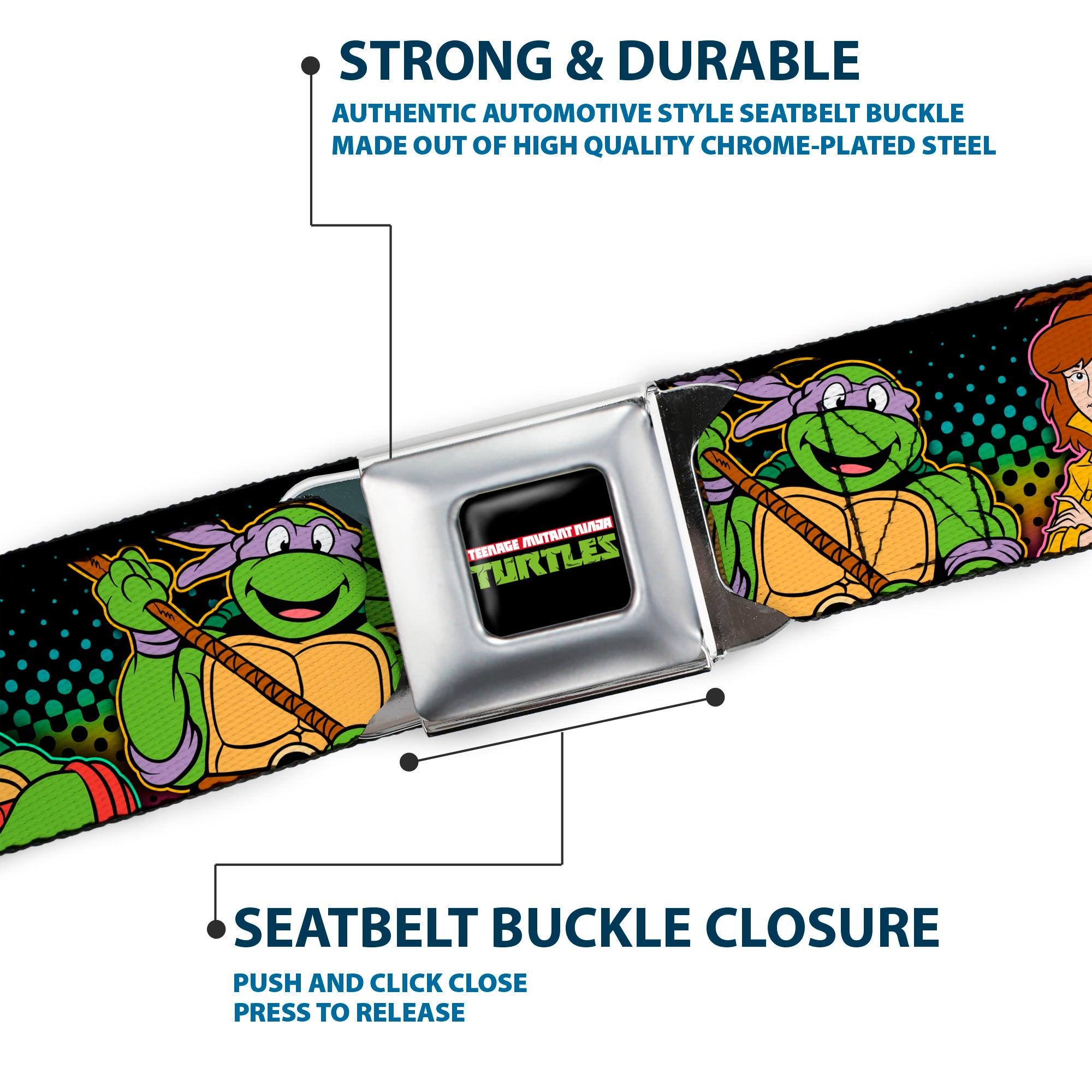 Classic TMNT Logo2 Full Color Seatbelt Belt - Classic TMNT Logo2/Turtles & April Pose Halftone Multi Color/Black Webbing Seatbelt Belts Nickelodeon