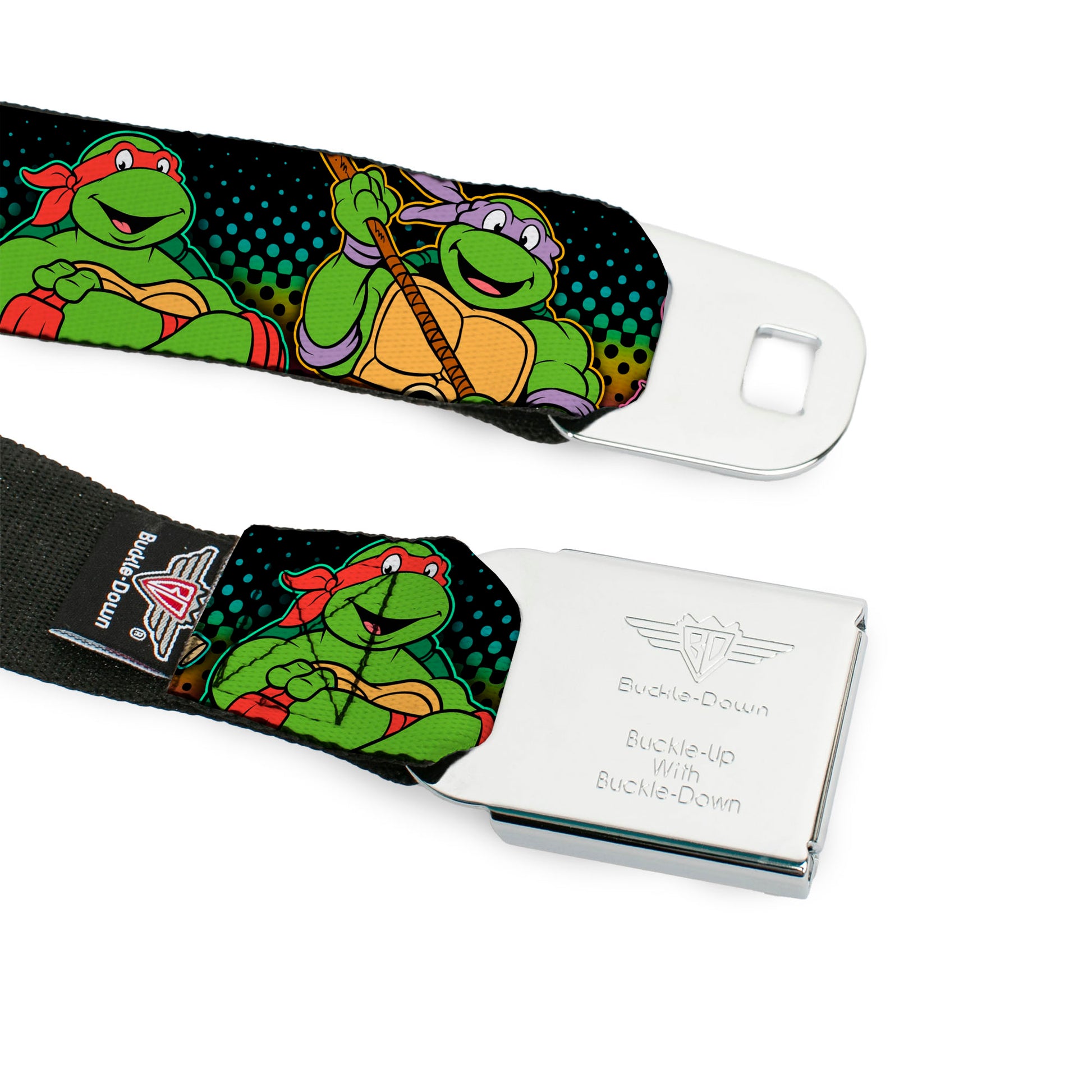 Classic TMNT Logo2 Full Color Seatbelt Belt - Classic TMNT Logo2/Turtles & April Pose Halftone Multi Color/Black Webbing Seatbelt Belts Nickelodeon