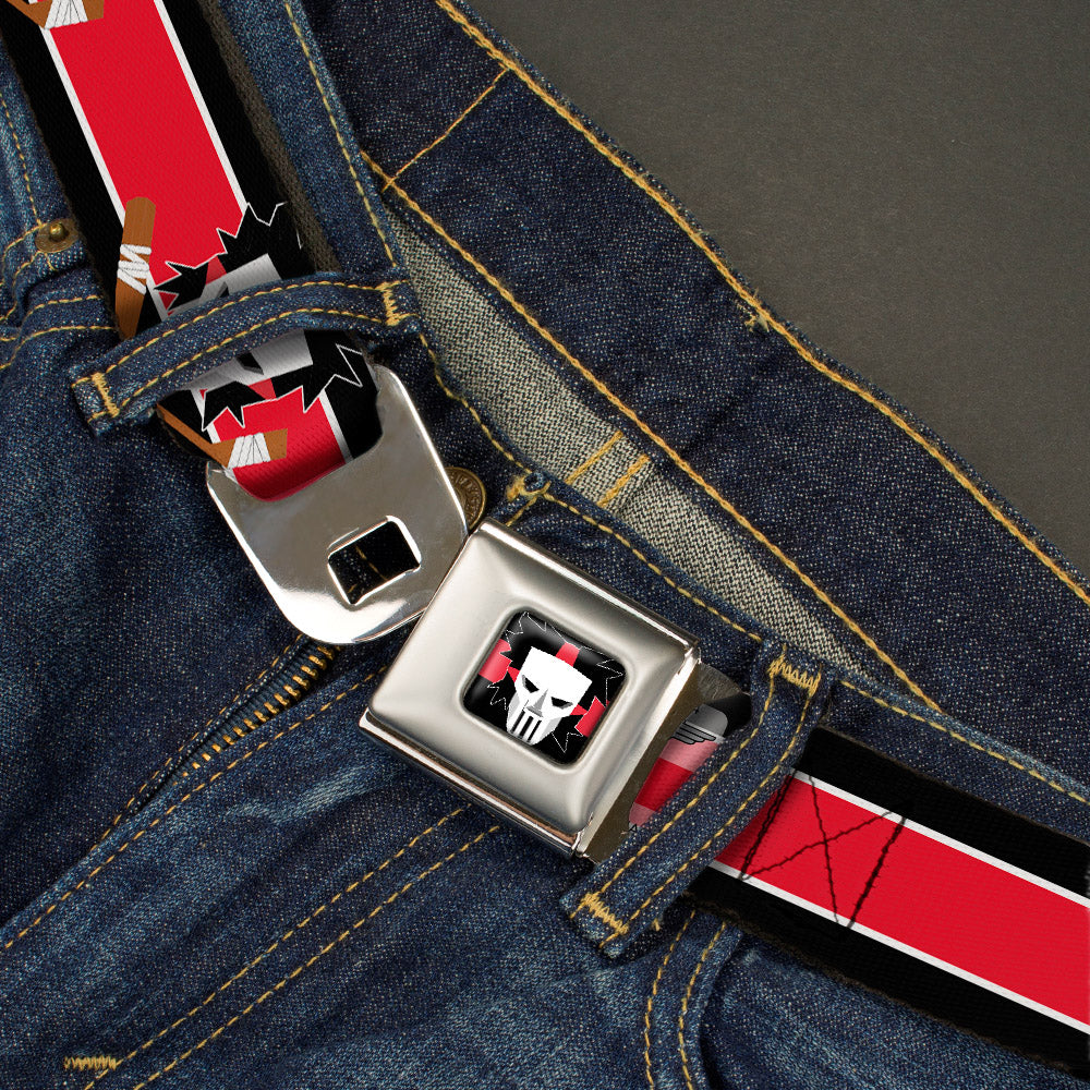 Casey Jones Head/Stripe Full Color Black/Red/White Seatbelt Belt - Casey Jones Baseball & Hockey Stick CLOSE-UP Stripe Black/White/Red Webbing Seatbelt Belts Teenage Mutant Ninja Turtles