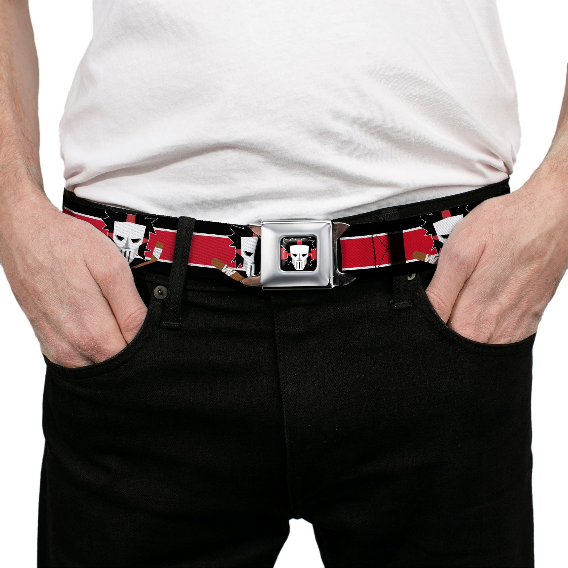 Casey Jones Head/Stripe Full Color Black/Red/White Seatbelt Belt - Casey Jones Baseball & Hockey Stick CLOSE-UP Stripe Black/White/Red Webbing Seatbelt Belts Teenage Mutant Ninja Turtles