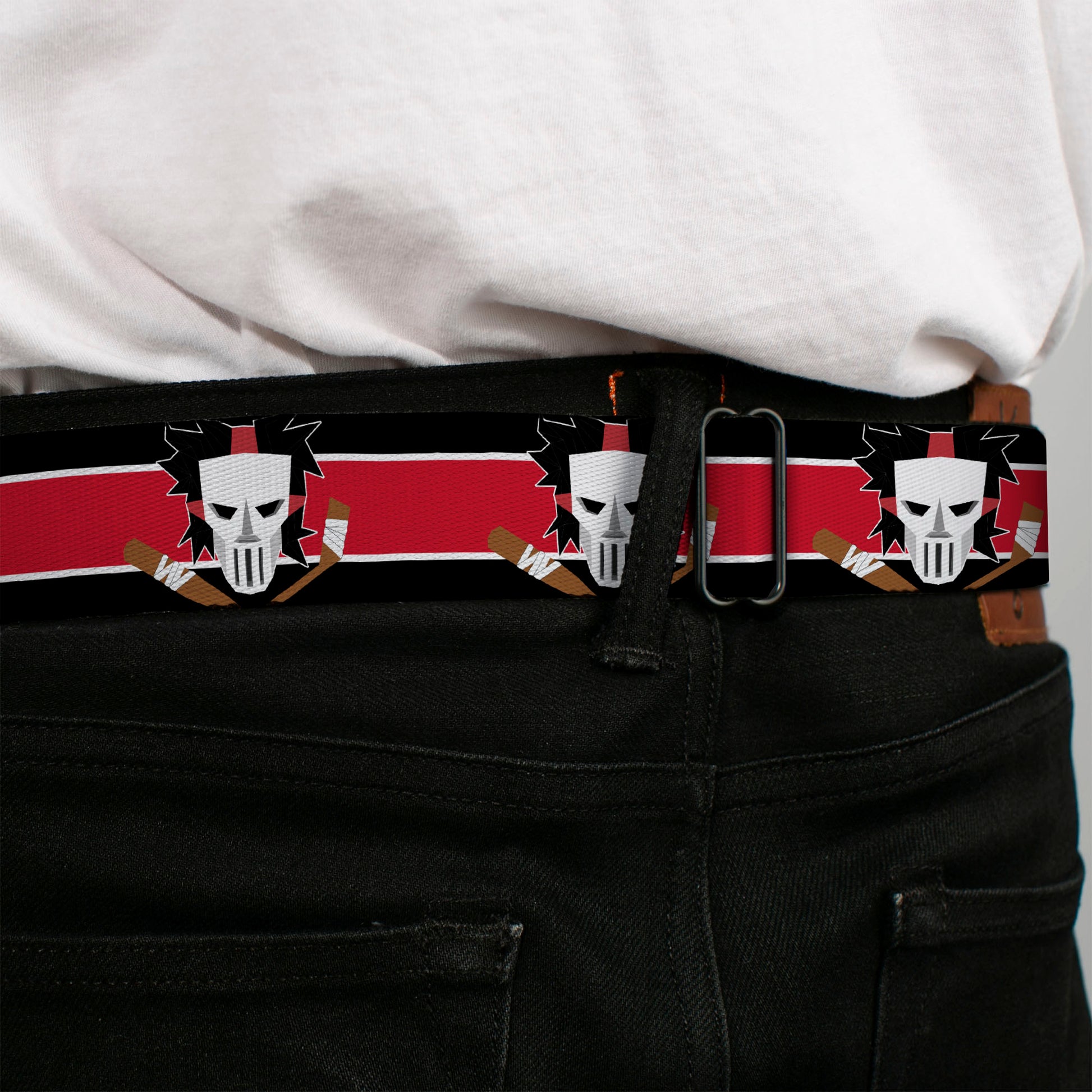 Casey Jones Head/Stripe Full Color Black/Red/White Seatbelt Belt - Casey Jones Baseball & Hockey Stick CLOSE-UP Stripe Black/White/Red Webbing Seatbelt Belts Teenage Mutant Ninja Turtles