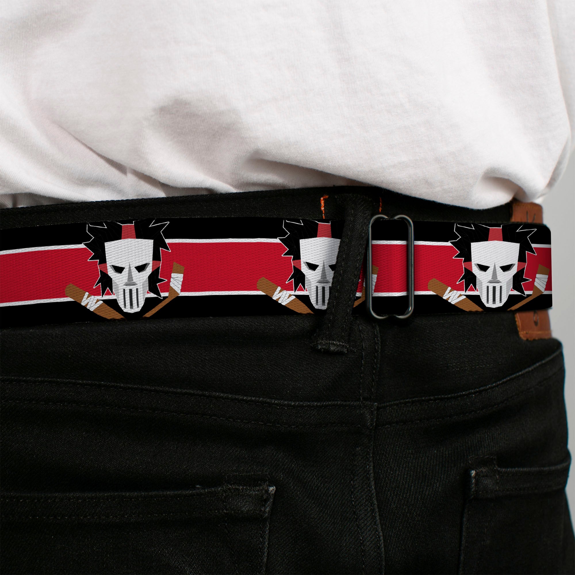 Casey Jones Head/Stripe Full Color Black/Red/White Seatbelt Belt - Casey Jones Baseball & Hockey Stick CLOSE-UP Stripe Black/White/Red Webbing Seatbelt Belts Teenage Mutant Ninja Turtles