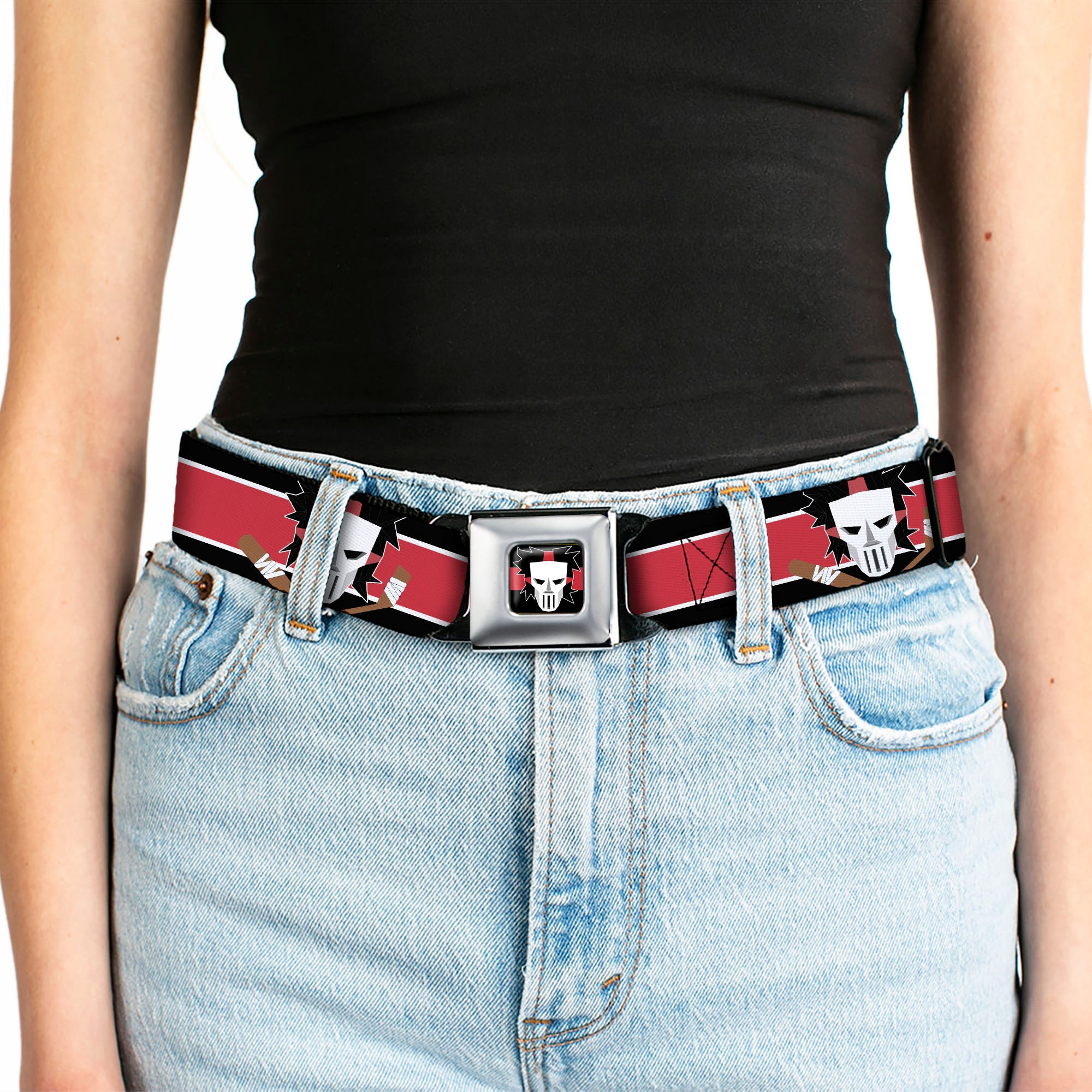 Casey Jones Head/Stripe Full Color Black/Red/White Seatbelt Belt - Casey Jones Baseball & Hockey Stick CLOSE-UP Stripe Black/White/Red Webbing Seatbelt Belts Teenage Mutant Ninja Turtles