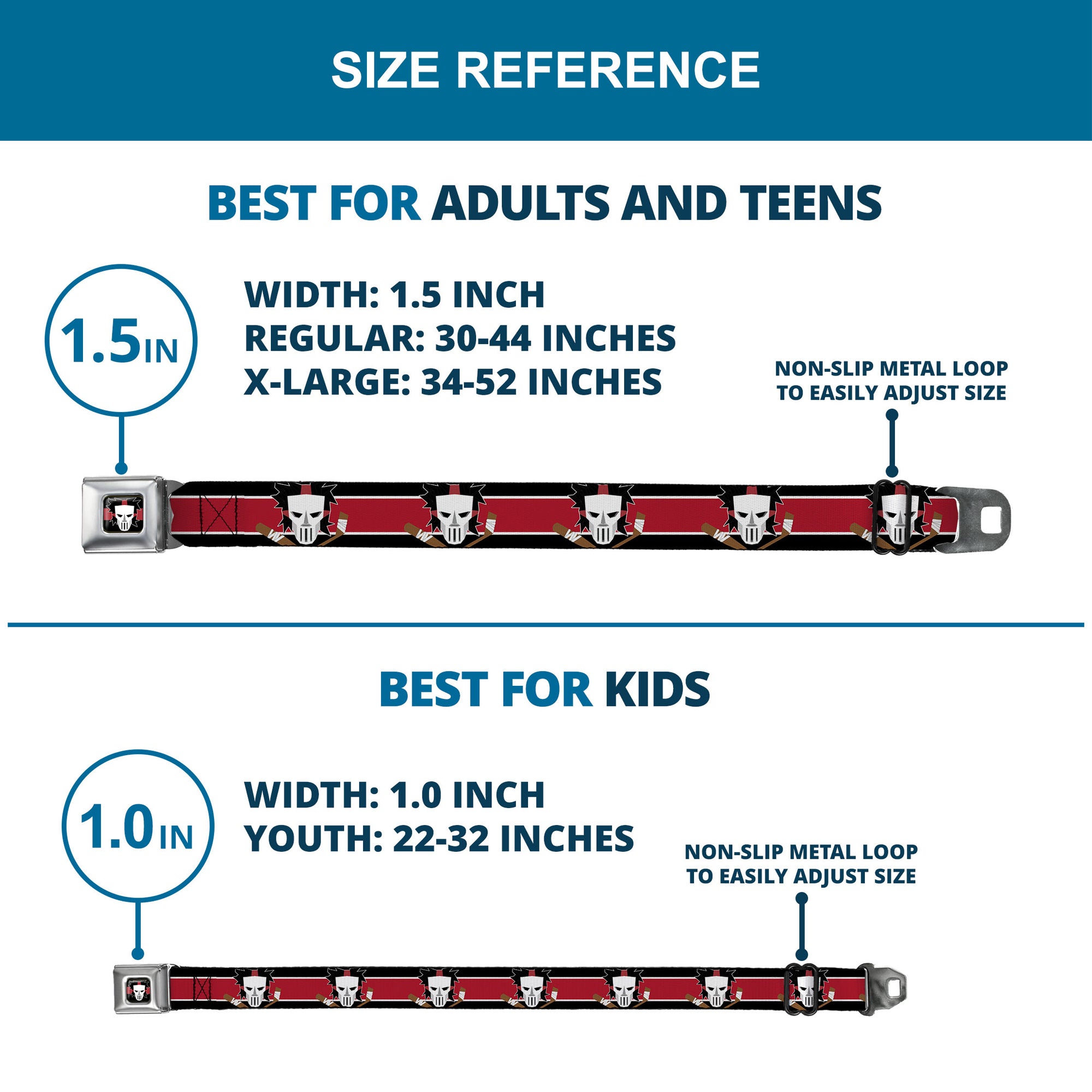 Casey Jones Head/Stripe Full Color Black/Red/White Seatbelt Belt - Casey Jones Baseball & Hockey Stick CLOSE-UP Stripe Black/White/Red Webbing Seatbelt Belts Teenage Mutant Ninja Turtles