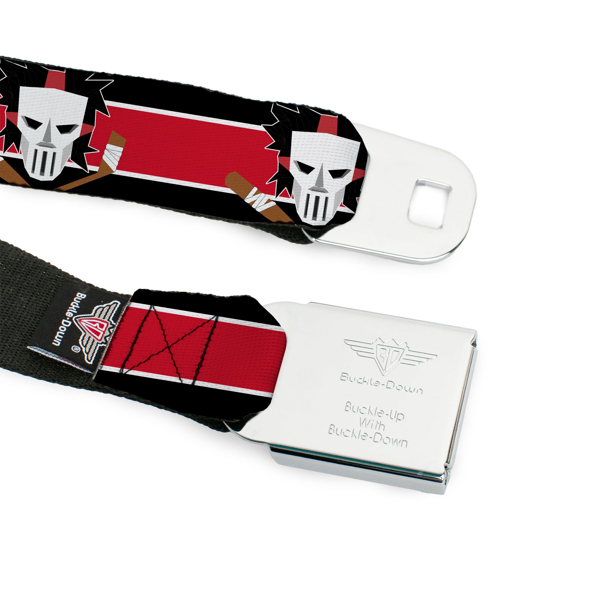 Casey Jones Head/Stripe Full Color Black/Red/White Seatbelt Belt - Casey Jones Baseball & Hockey Stick CLOSE-UP Stripe Black/White/Red Webbing Seatbelt Belts Teenage Mutant Ninja Turtles