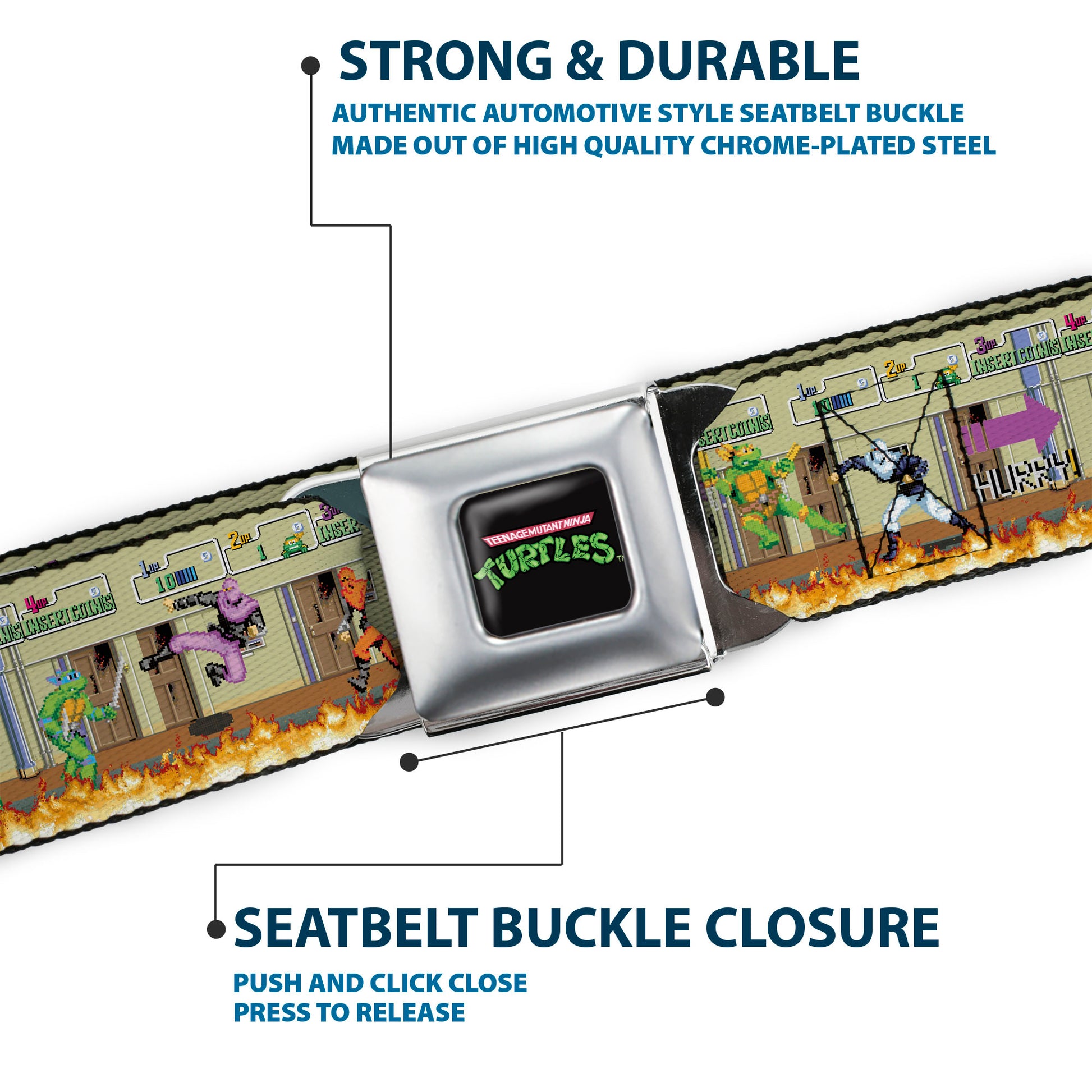 TEENAGE MUTANT NINJA TURTLES Logo Full Color Black Seatbelt Belt - Teenage Mutant Ninja Turtles Battle Foot Soldiers Ninjas Arcade Scene Tan Webbing Seatbelt Belts Teenage Mutant Ninja Turtles