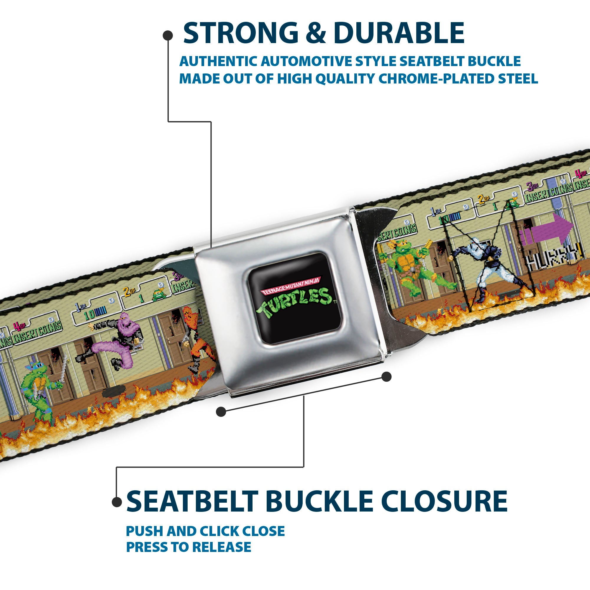 TEENAGE MUTANT NINJA TURTLES Logo Full Color Black Seatbelt Belt - Teenage Mutant Ninja Turtles Battle Foot Soldiers Ninjas Arcade Scene Tan Webbing Seatbelt Belts Teenage Mutant Ninja Turtles