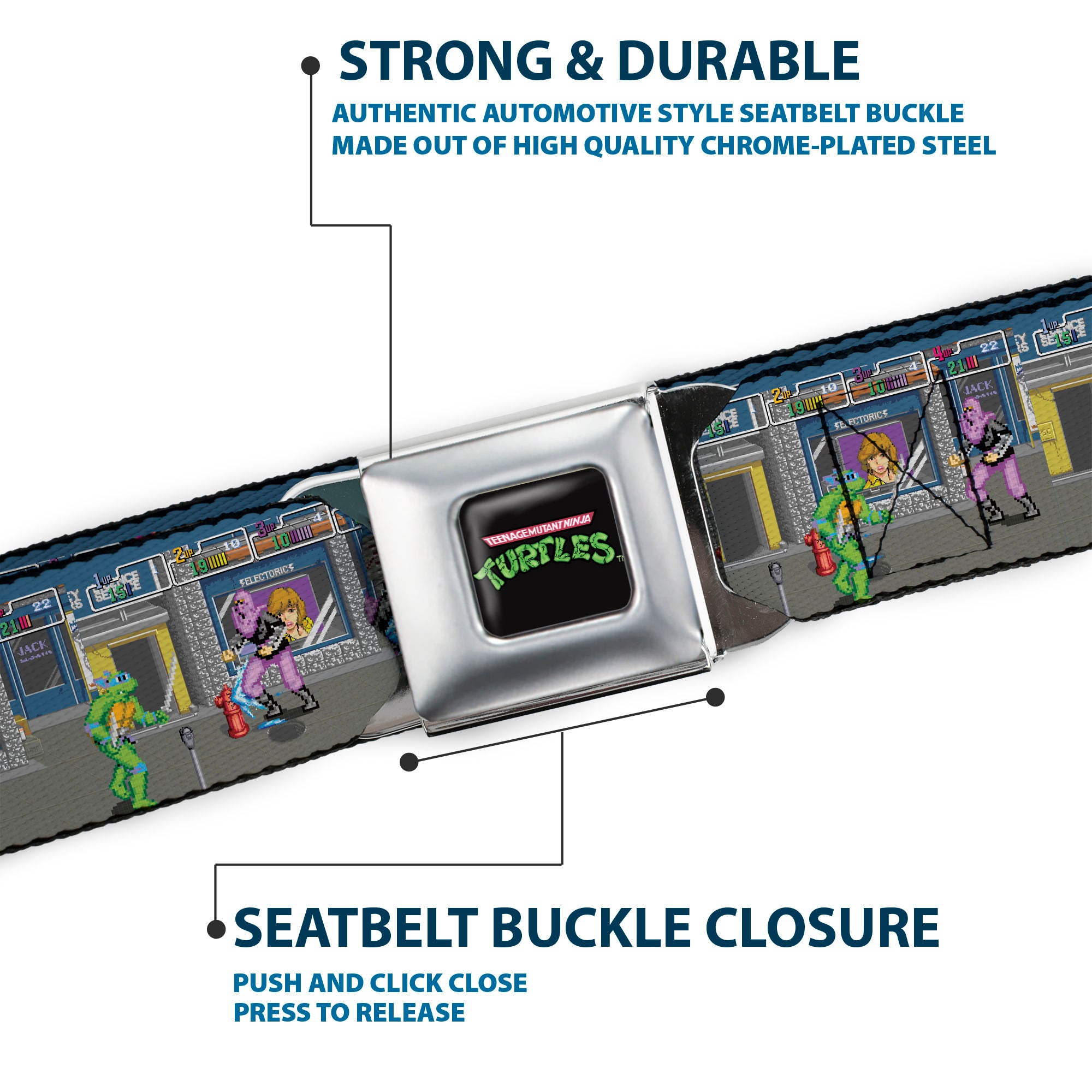 TEENAGE MUTANT NINJA TURTLES Logo Full Color Black Seatbelt Belt - Teenage Mutant Ninja Turtles Battle Purple Foot Soldier Ninja Arcade Scene Grays Webbing Seatbelt Belts Teenage Mutant Ninja Turtles