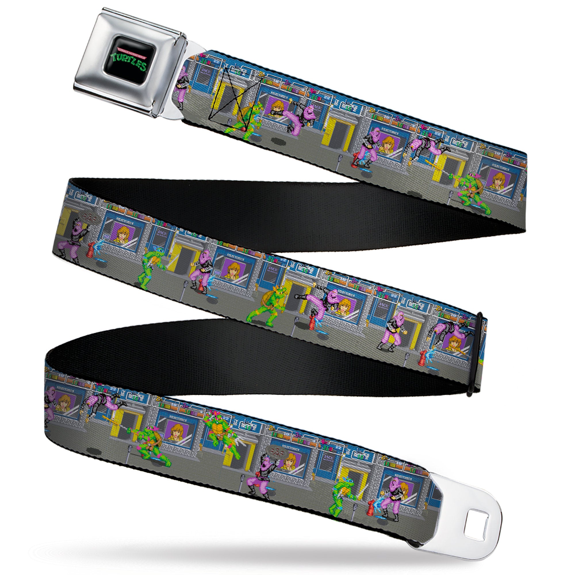 TEENAGE MUTANT NINJA TURTLES Logo Full Color Black Seatbelt Belt - Teenage Mutant Ninja Turtles Battle Purple Foot Soldier Ninja Arcade Scene Grays Webbing Seatbelt Belts Teenage Mutant Ninja Turtles