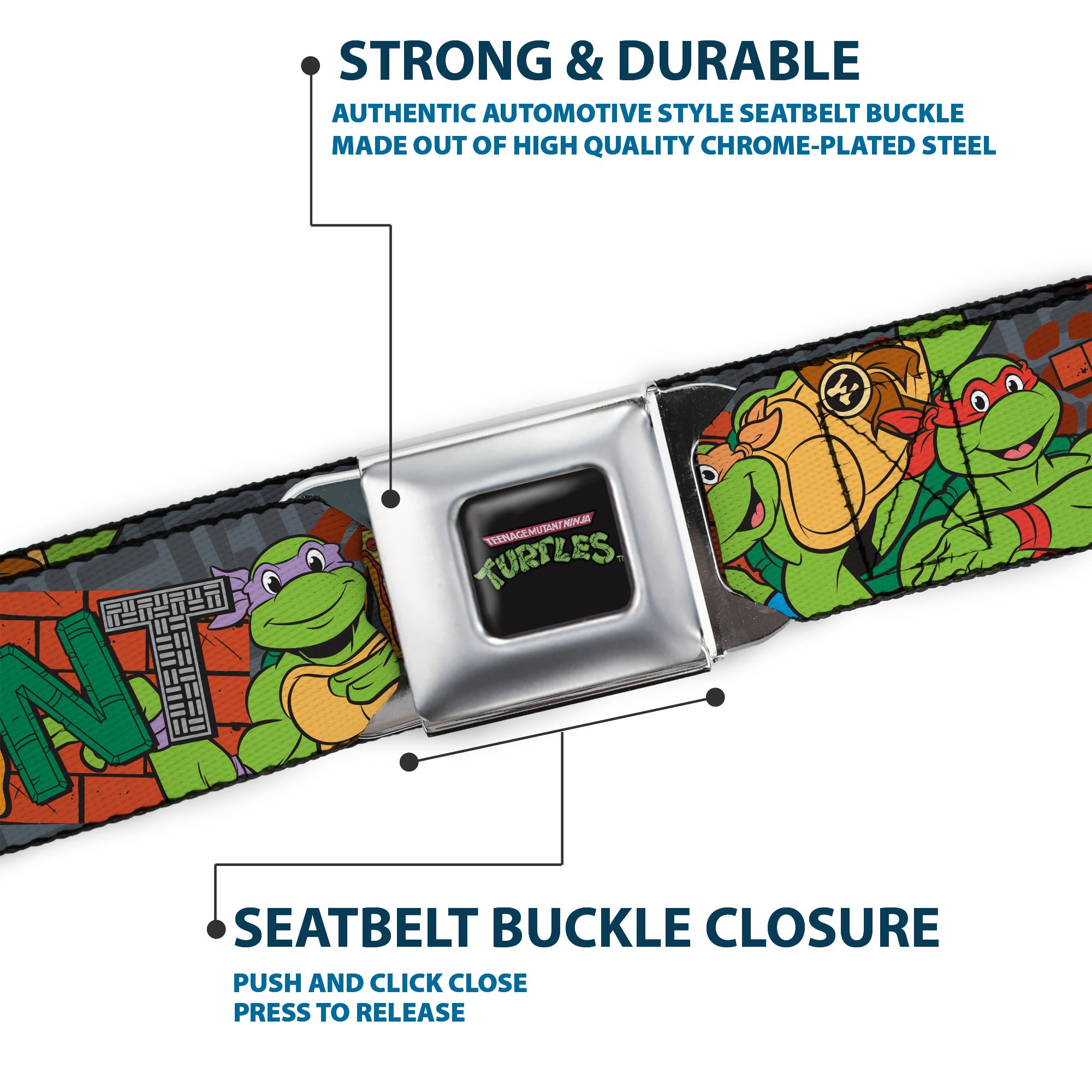 TEENAGE MUTANT NINJA TURTLES Logo Full Color Black Seatbelt Belt - Ninja Turtles TMNT Icons Logo and Group Pose Webbing Seatbelt Belts Ninja Turtles