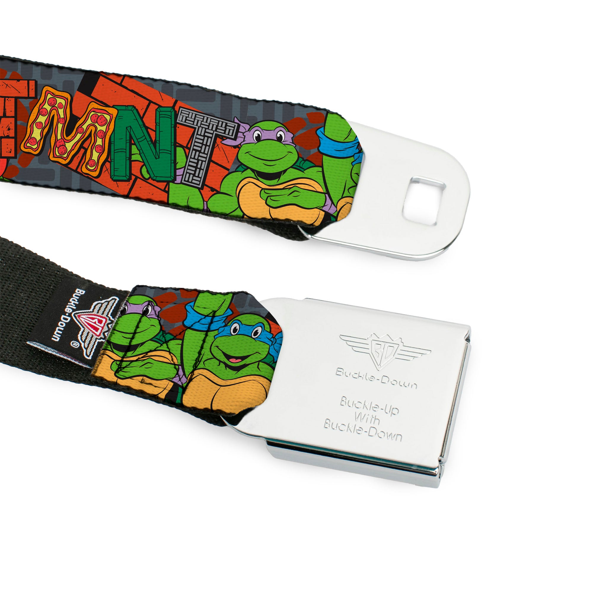 TEENAGE MUTANT NINJA TURTLES Logo Full Color Black Seatbelt Belt - Ninja Turtles TMNT Icons Logo and Group Pose Webbing Seatbelt Belts Ninja Turtles