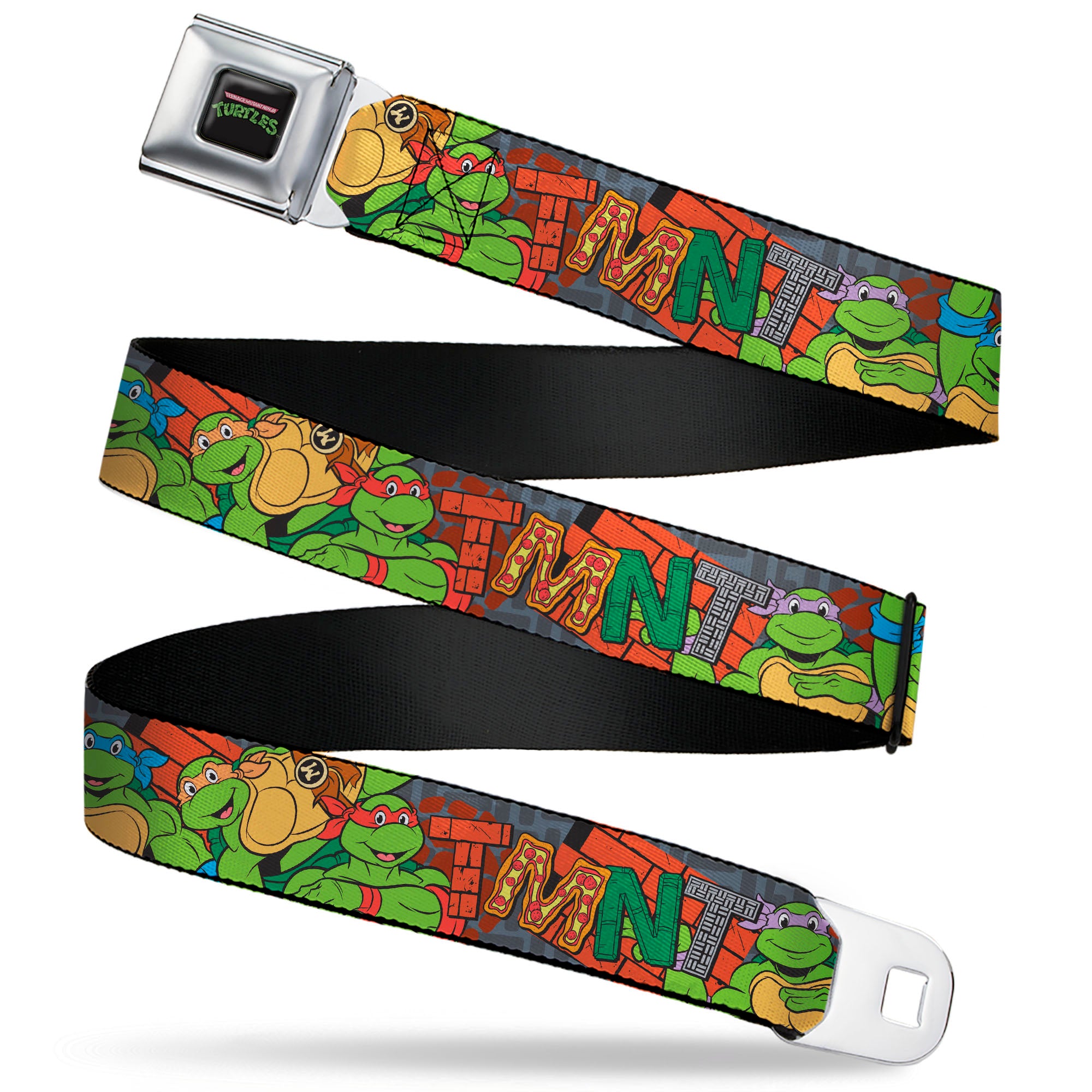TEENAGE MUTANT NINJA TURTLES Logo Full Color Black Seatbelt Belt - Ninja Turtles TMNT Icons Logo and Group Pose Webbing Seatbelt Belts Ninja Turtles