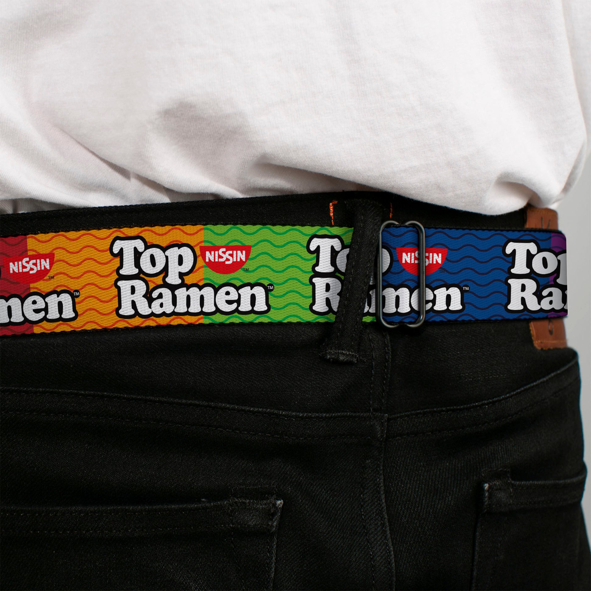 TOP RAMEN Noodle Wave Full Color Blue/Black/White Seatbelt Belt - TOP RAMEN Noodle Wave Blocks Multi Color/Black/White Webbing Seatbelt Belts Nissin