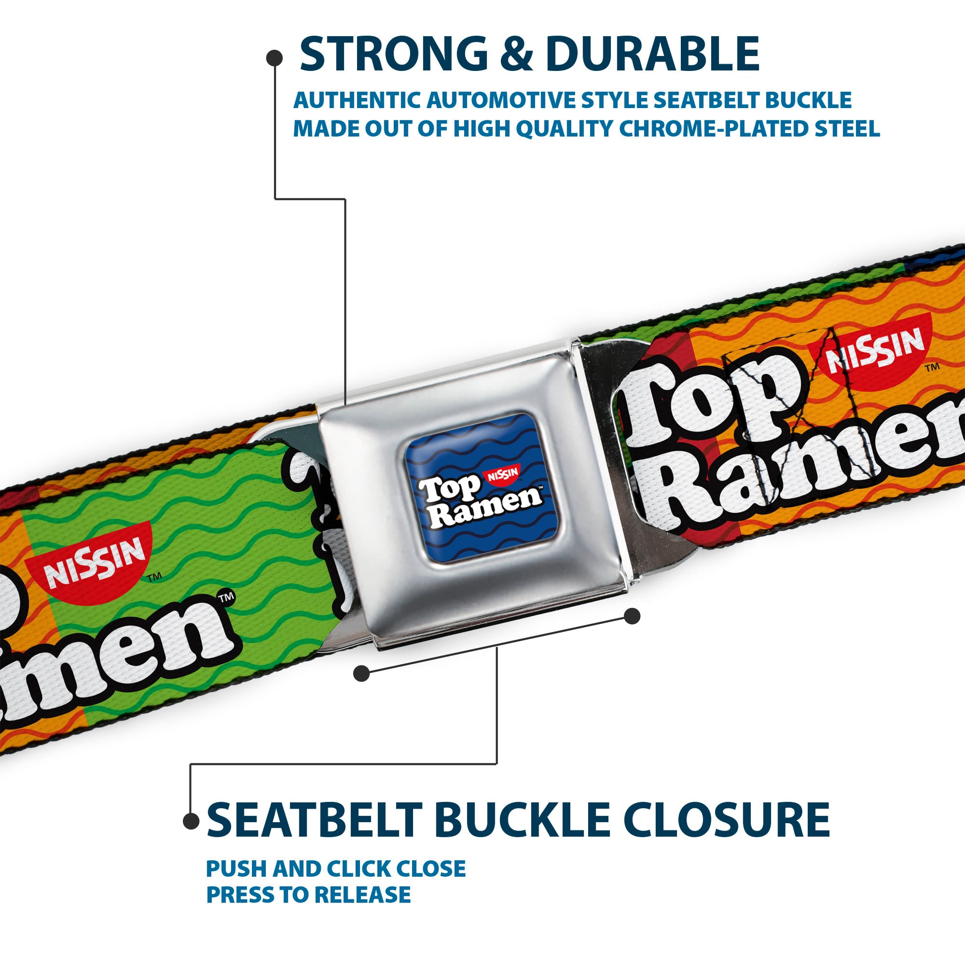 TOP RAMEN Noodle Wave Full Color Blue/Black/White Seatbelt Belt - TOP RAMEN Noodle Wave Blocks Multi Color/Black/White Webbing Seatbelt Belts Nissin