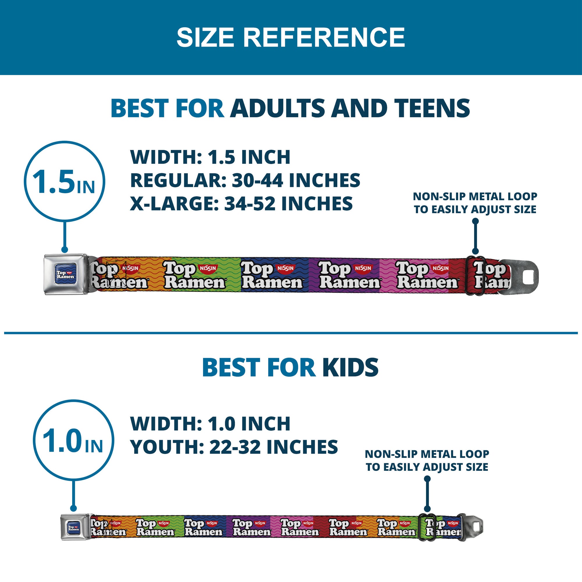 TOP RAMEN Noodle Wave Full Color Blue/Black/White Seatbelt Belt - TOP RAMEN Noodle Wave Blocks Multi Color/Black/White Webbing Seatbelt Belts Nissin