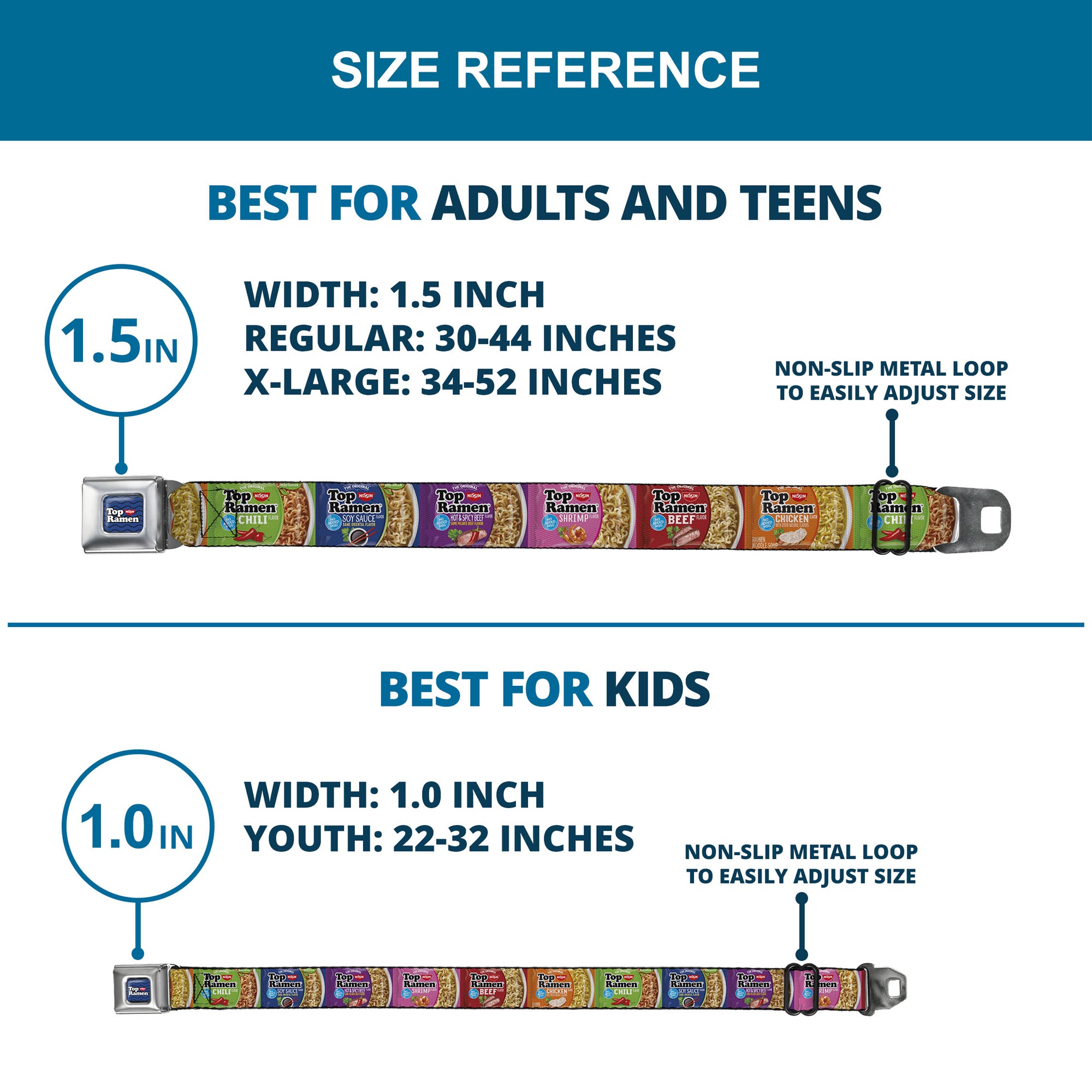 TOP RAMEN Noodle Wave Full Color Blue/Black/White Seatbelt Belt - Top Ramen Vivid Flavor Blocks Multi Color Webbing Seatbelt Belts Nissin