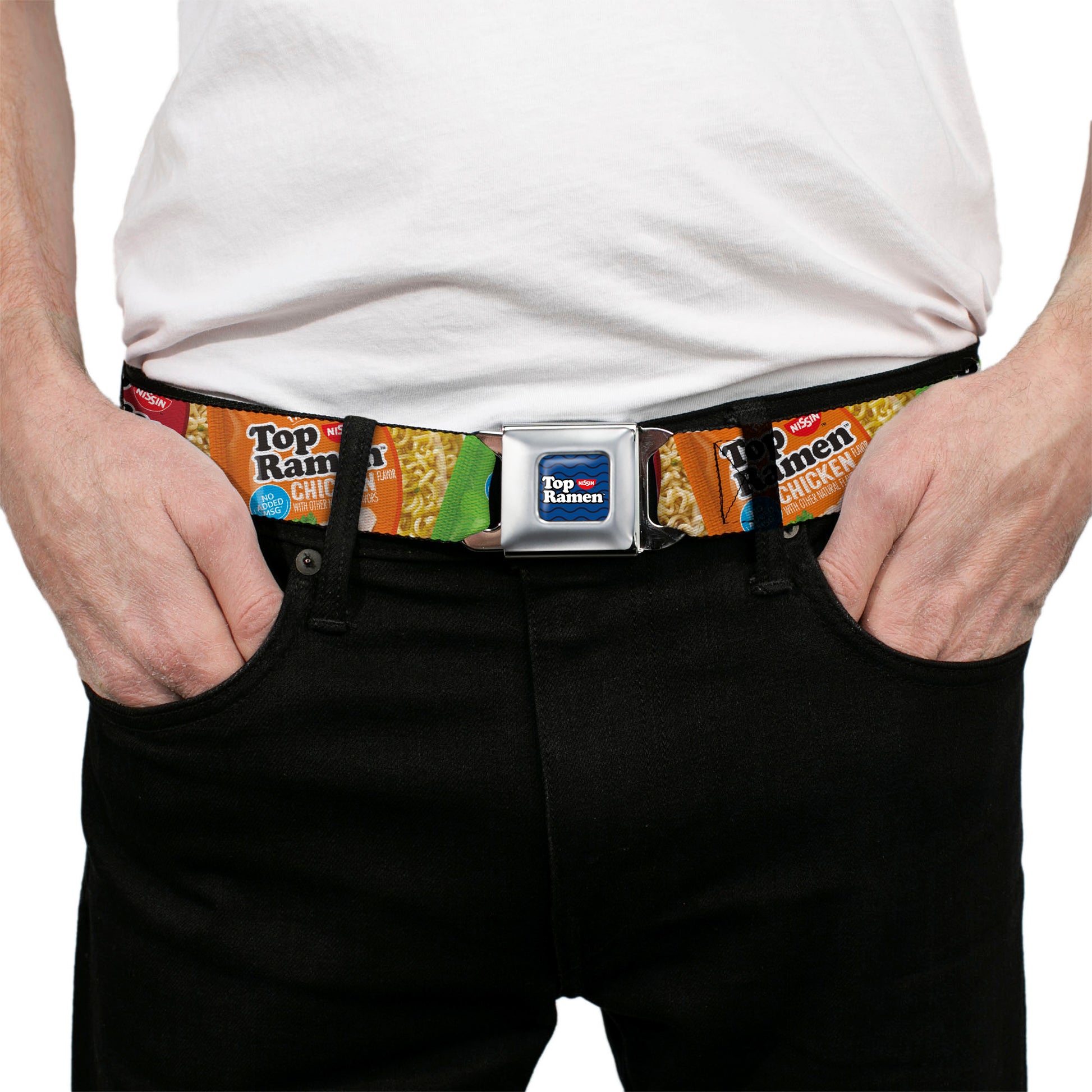 TOP RAMEN Noodle Wave Full Color Blue/Black/White Seatbelt Belt - Top Ramen Vivid Flavor Packages Stacked Multi Color Webbing Seatbelt Belts Nissin