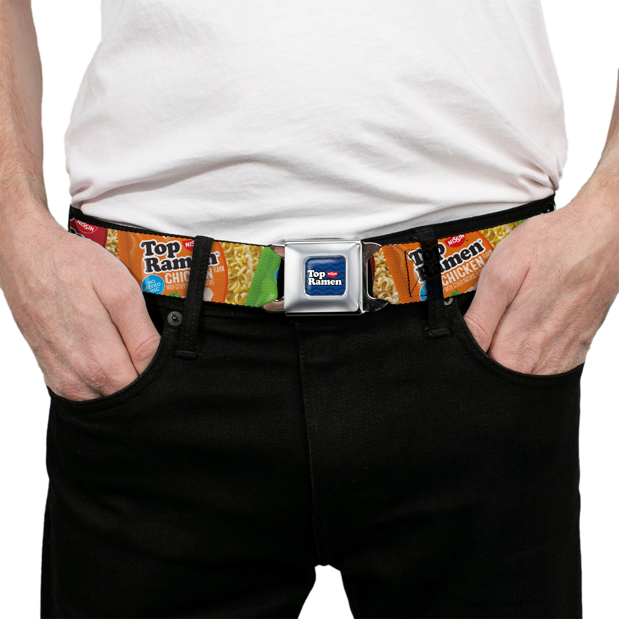 TOP RAMEN Noodle Wave Full Color Blue/Black/White Seatbelt Belt - Top Ramen Vivid Flavor Packages Stacked Multi Color Webbing Seatbelt Belts Nissin