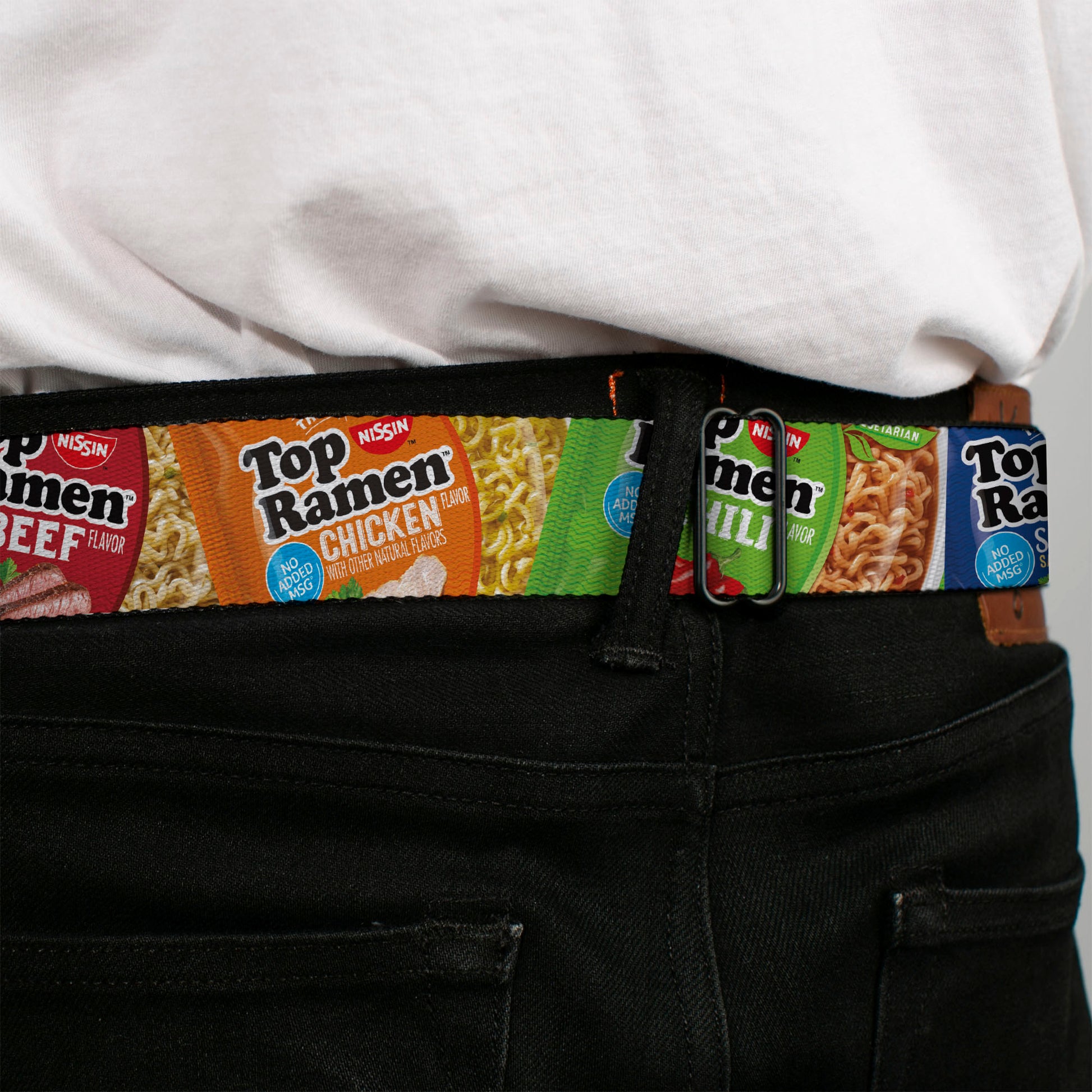 TOP RAMEN Noodle Wave Full Color Blue/Black/White Seatbelt Belt - Top Ramen Vivid Flavor Packages Stacked Multi Color Webbing Seatbelt Belts Nissin