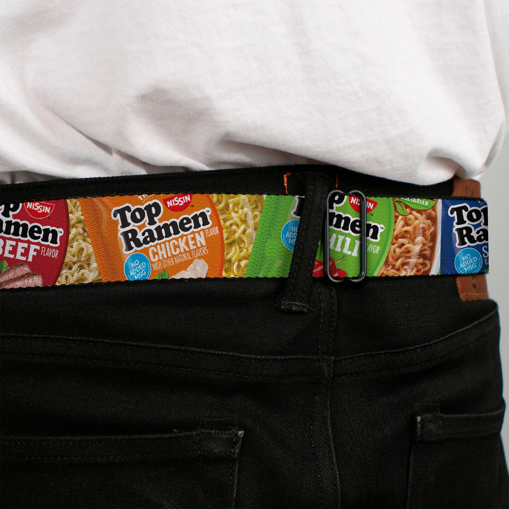 TOP RAMEN Noodle Wave Full Color Blue/Black/White Seatbelt Belt - Top Ramen Vivid Flavor Packages Stacked Multi Color Webbing Seatbelt Belts Nissin
