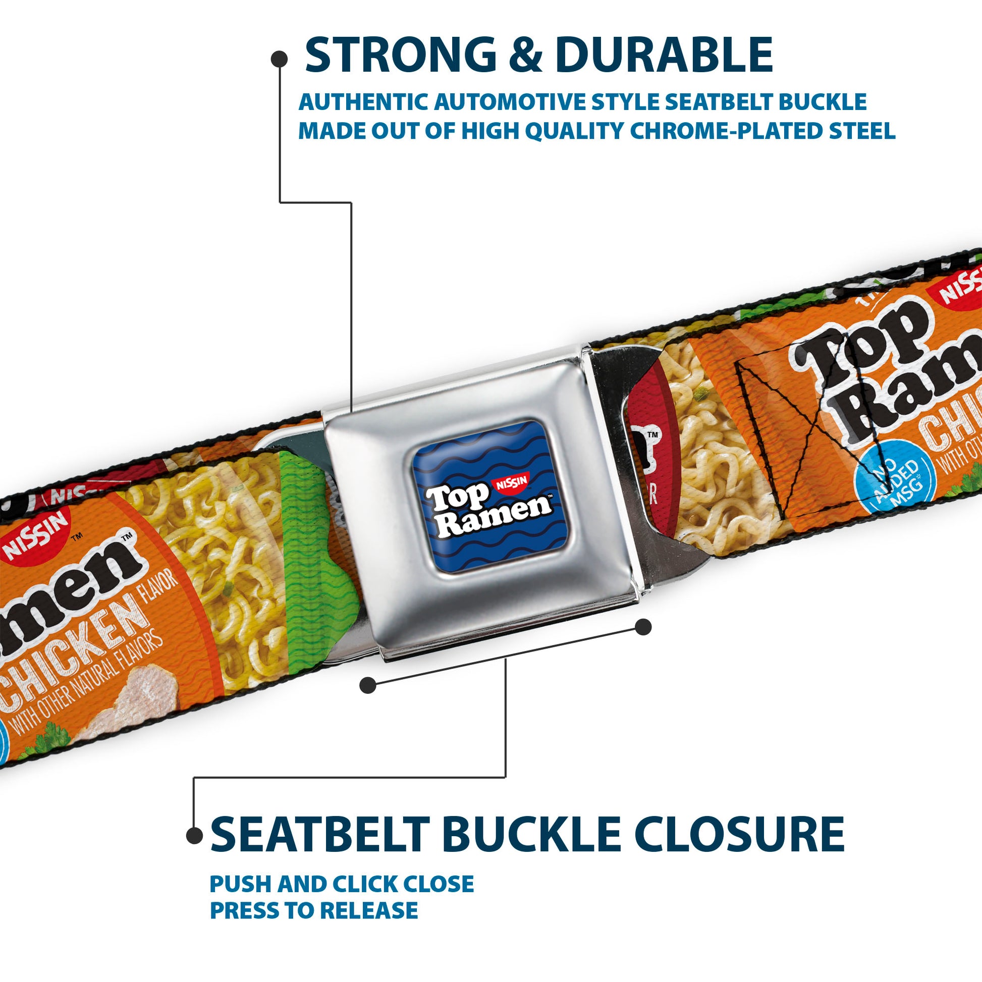 TOP RAMEN Noodle Wave Full Color Blue/Black/White Seatbelt Belt - Top Ramen Vivid Flavor Packages Stacked Multi Color Webbing Seatbelt Belts Nissin