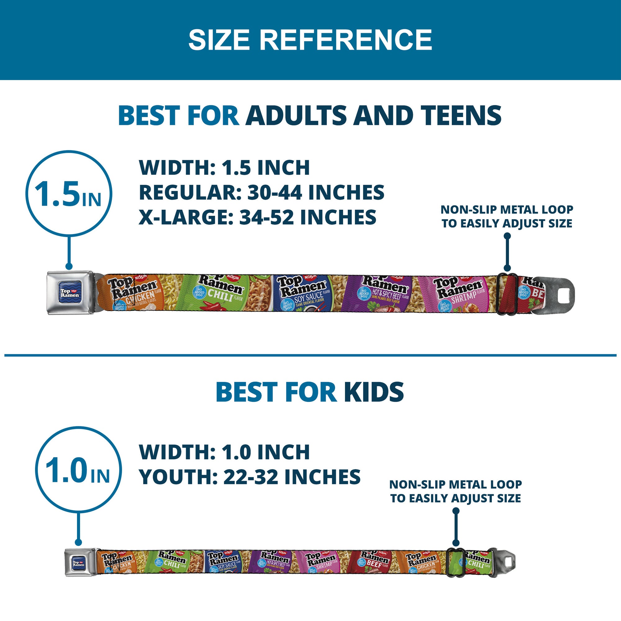 TOP RAMEN Noodle Wave Full Color Blue/Black/White Seatbelt Belt - Top Ramen Vivid Flavor Packages Stacked Multi Color Webbing Seatbelt Belts Nissin