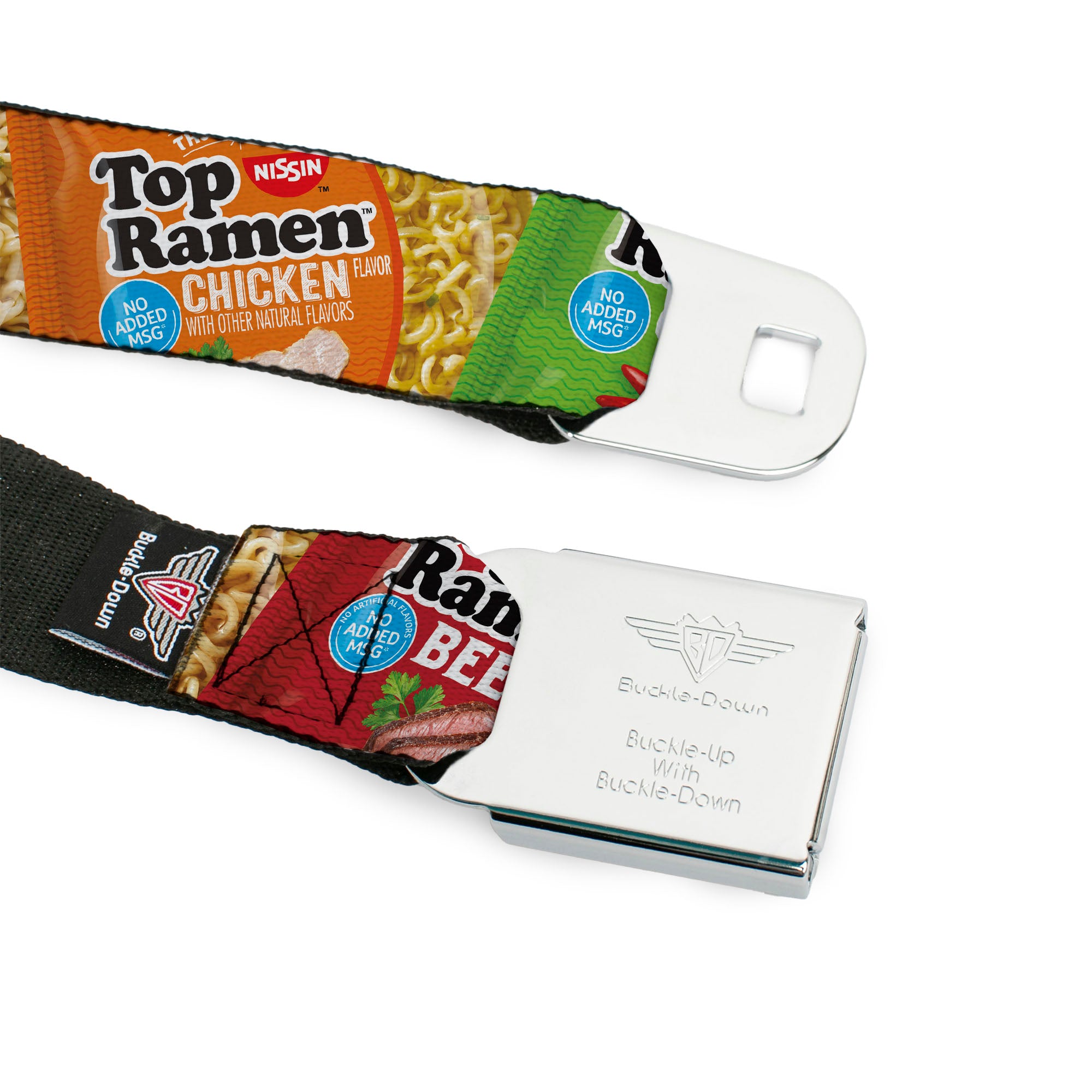 TOP RAMEN Noodle Wave Full Color Blue/Black/White Seatbelt Belt - Top Ramen Vivid Flavor Packages Stacked Multi Color Webbing Seatbelt Belts Nissin