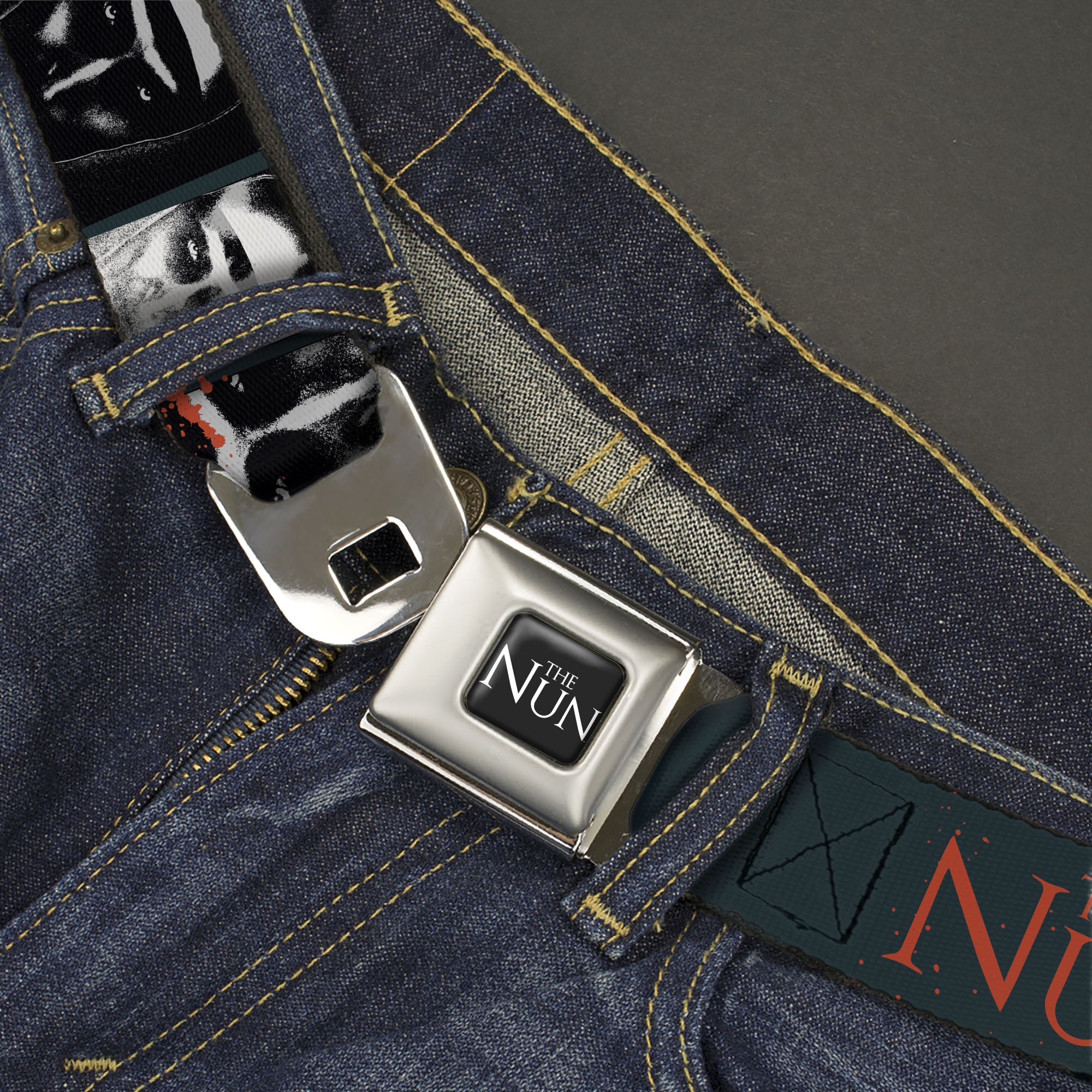 THE NUN Title Logo Full Color Black/White Seatbelt Belt - THE NUN Demon Nun Valak Pose Blocks and Title Logo Blue/Red/White Webbing Seatbelt Belts The Nun