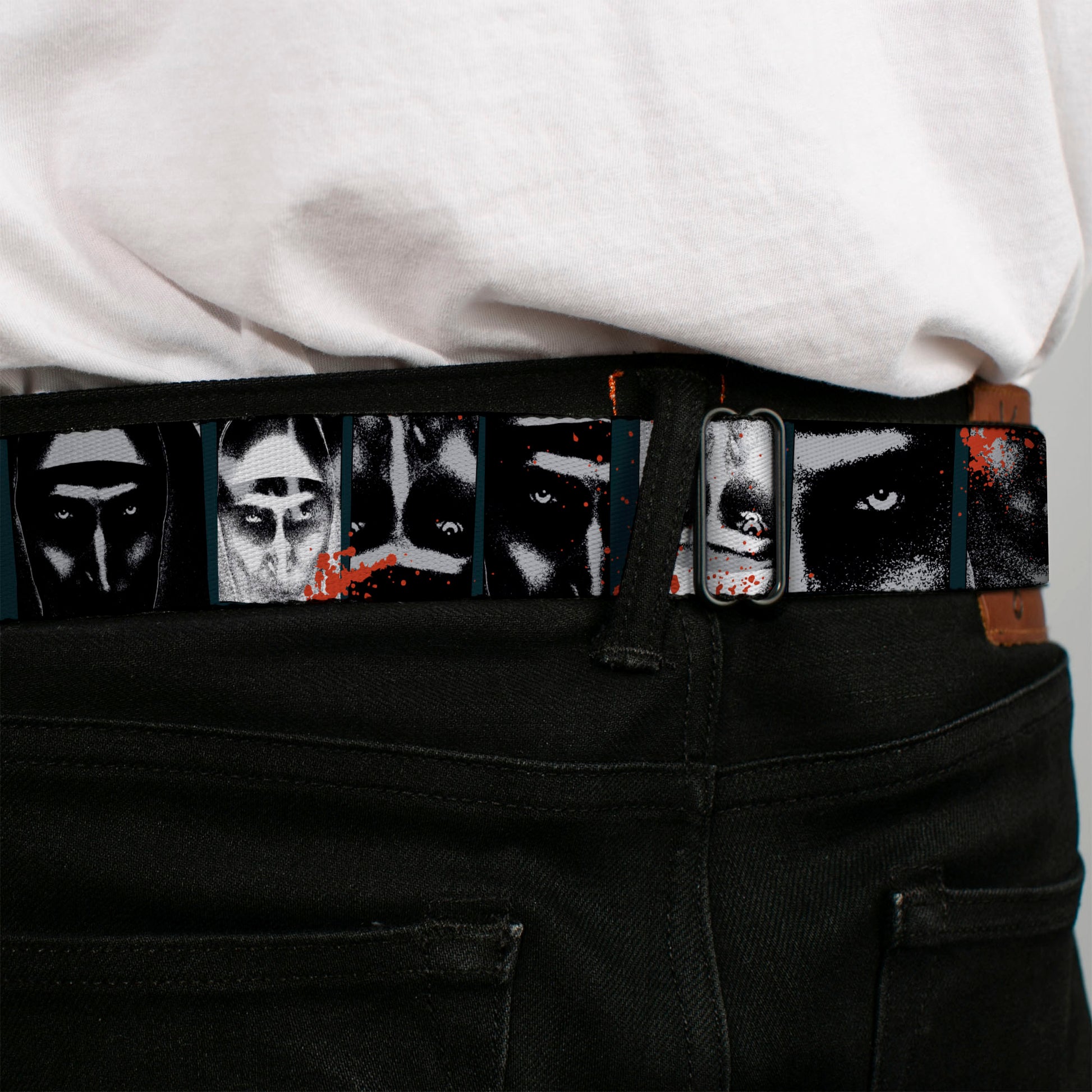 THE NUN Title Logo Full Color Black/White Seatbelt Belt - THE NUN Demon Nun Valak Pose Blocks and Title Logo Blue/Red/White Webbing Seatbelt Belts The Nun