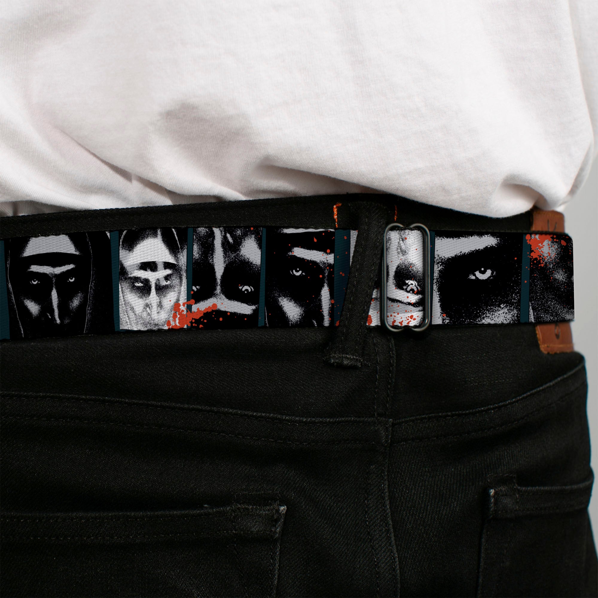 THE NUN Title Logo Full Color Black/White Seatbelt Belt - THE NUN Demon Nun Valak Pose Blocks and Title Logo Blue/Red/White Webbing Seatbelt Belts The Nun