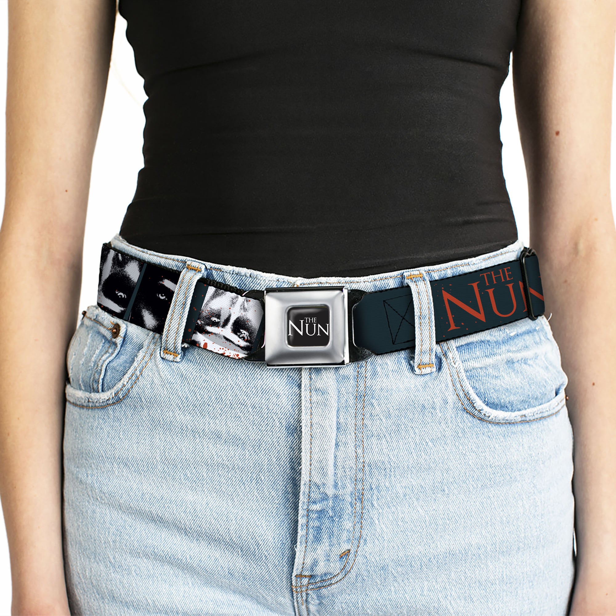 THE NUN Title Logo Full Color Black/White Seatbelt Belt - THE NUN Demon Nun Valak Pose Blocks and Title Logo Blue/Red/White Webbing Seatbelt Belts The Nun