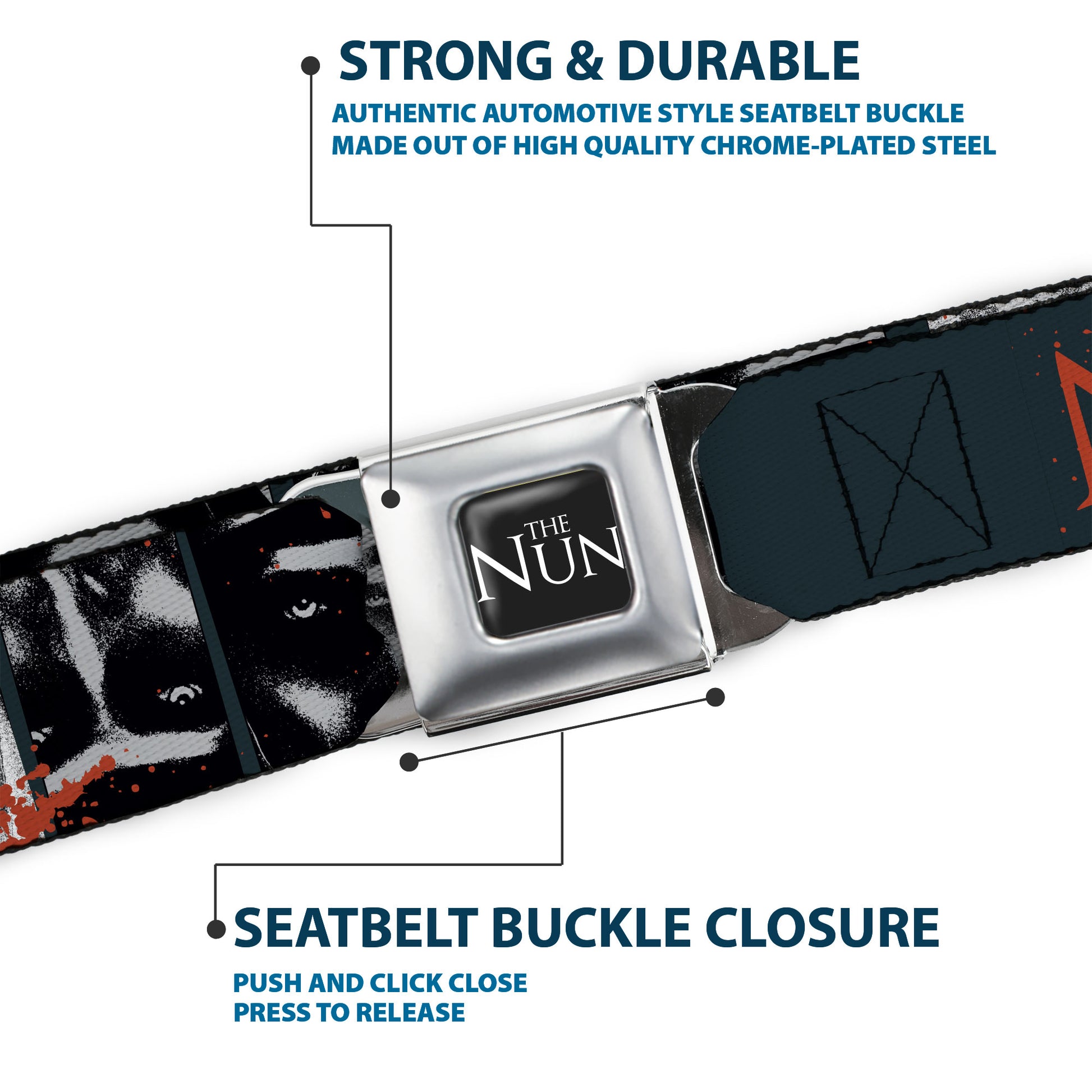 THE NUN Title Logo Full Color Black/White Seatbelt Belt - THE NUN Demon Nun Valak Pose Blocks and Title Logo Blue/Red/White Webbing Seatbelt Belts The Nun