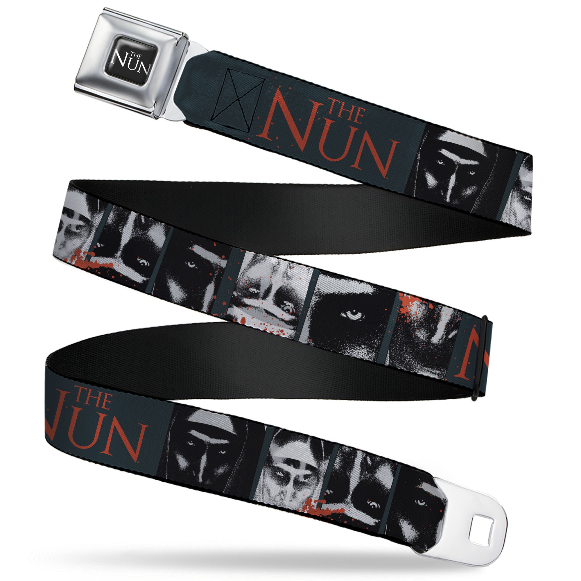 THE NUN Title Logo Full Color Black/White Seatbelt Belt - THE NUN Demon Nun Valak Pose Blocks and Title Logo Blue/Red/White Webbing Seatbelt Belts The Nun