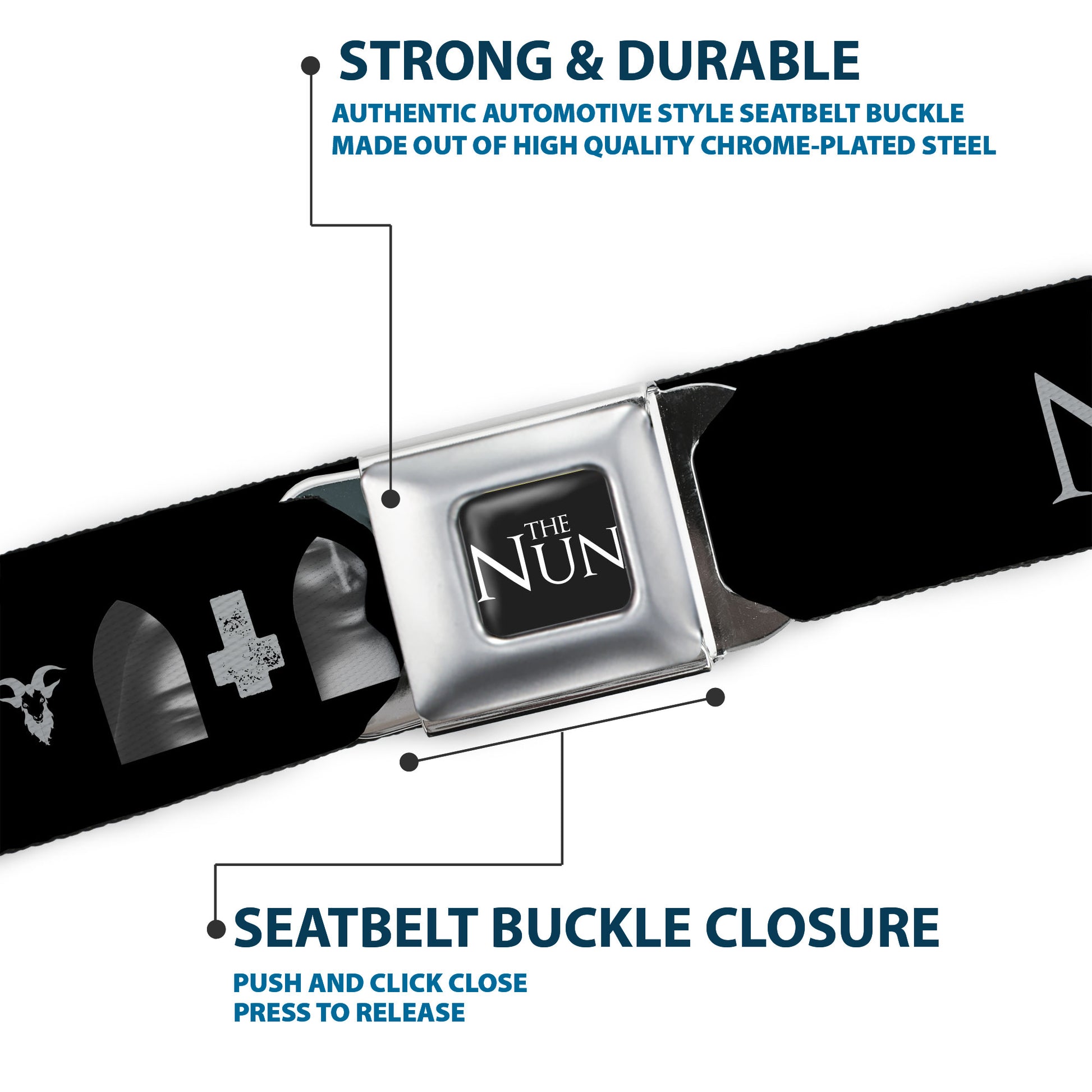 THE NUN Title Logo Full Color Black/White Seatbelt Belt - THE NUN Demon Nun Valak Face with Icons and Title Logo Black/Grays Webbing Seatbelt Belts The Nun