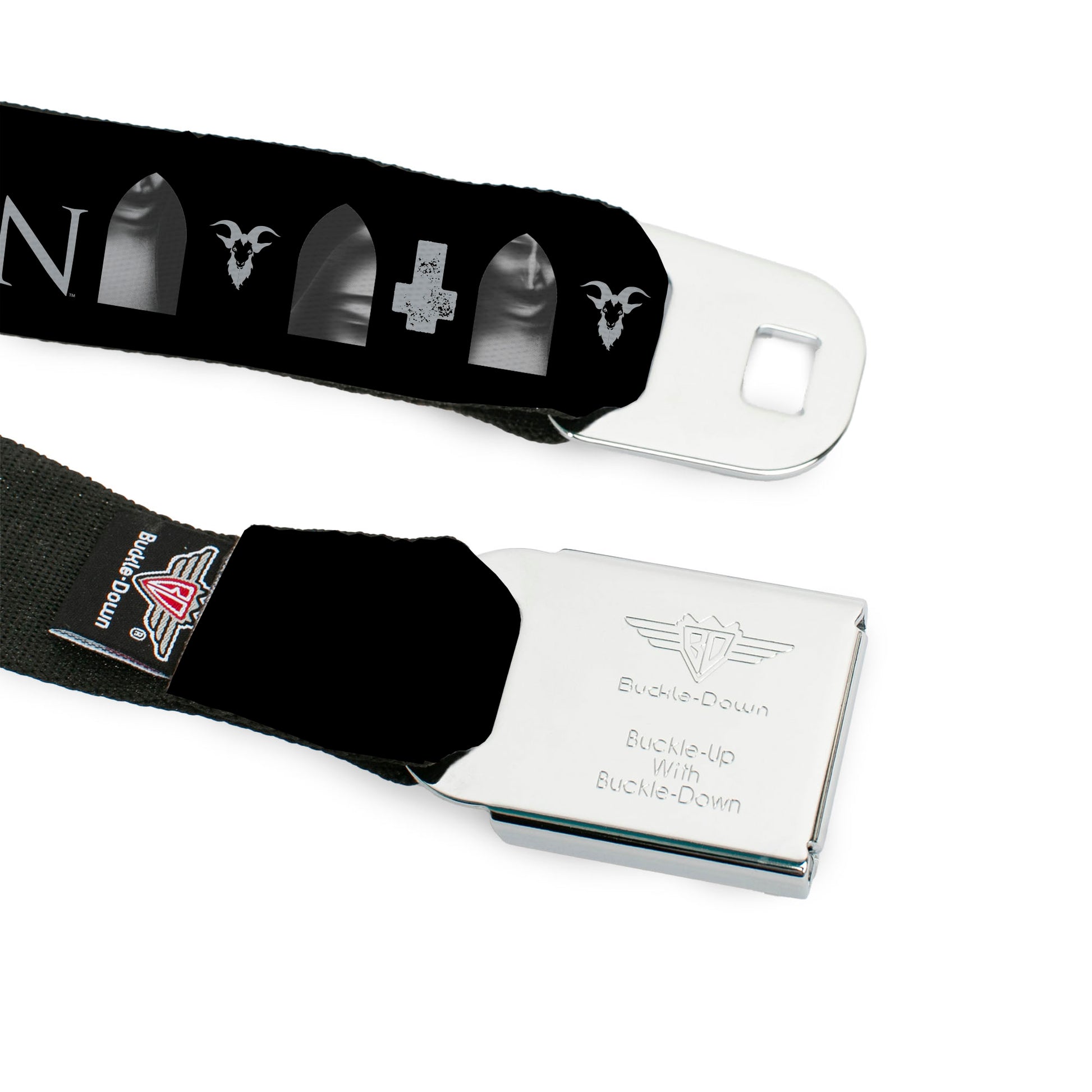 THE NUN Title Logo Full Color Black/White Seatbelt Belt - THE NUN Demon Nun Valak Face with Icons and Title Logo Black/Grays Webbing Seatbelt Belts The Nun
