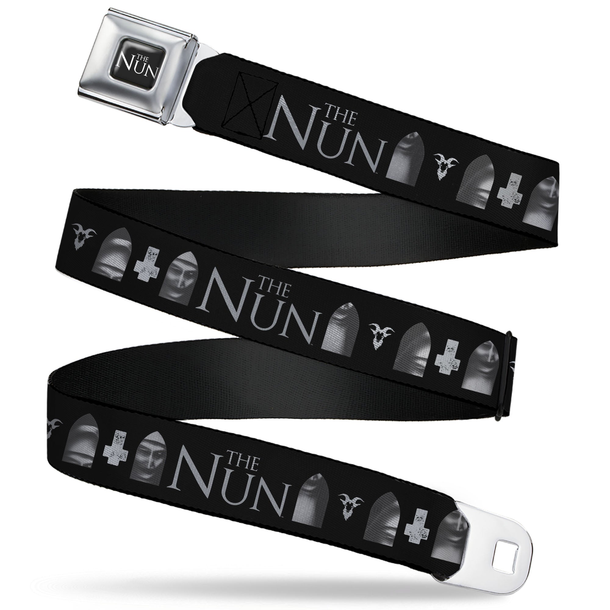 THE NUN Title Logo Full Color Black/White Seatbelt Belt - THE NUN Demon Nun Valak Face with Icons and Title Logo Black/Grays Webbing Seatbelt Belts The Nun