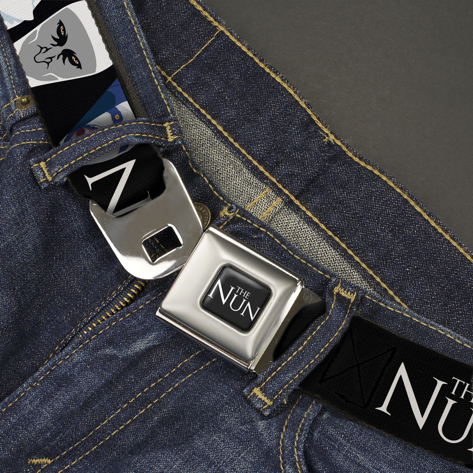 THE NUN Title Logo Full Color Black/White Seatbelt Belt - THE NUN Sister Irene and Demon Nun Valak Icons with Title Logo Black/White Webbing Seatbelt Belts The Nun
