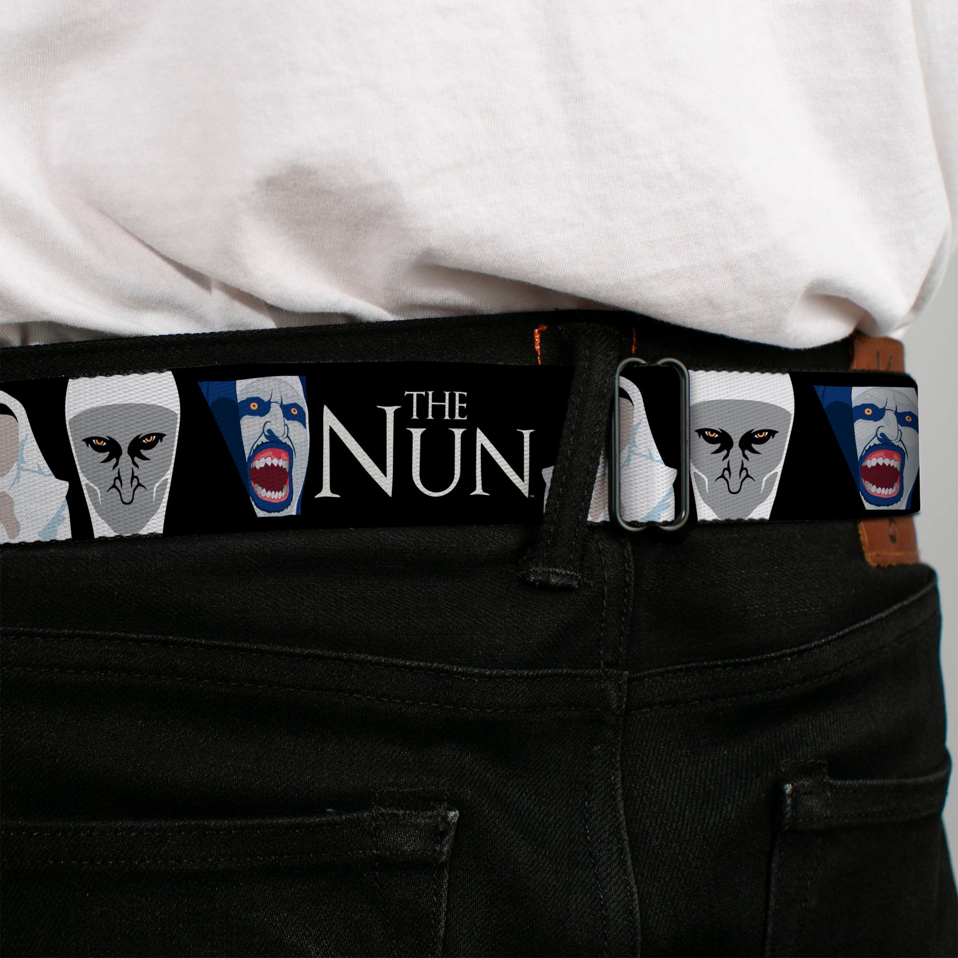 THE NUN Title Logo Full Color Black/White Seatbelt Belt - THE NUN Sister Irene and Demon Nun Valak Icons with Title Logo Black/White Webbing Seatbelt Belts The Nun