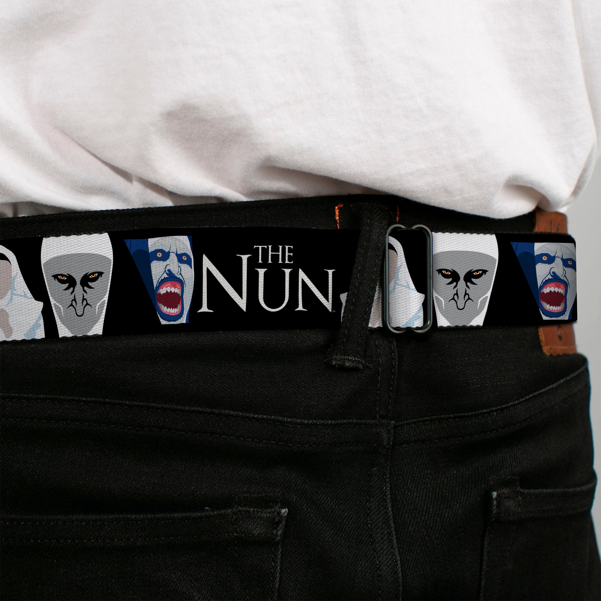 THE NUN Title Logo Full Color Black/White Seatbelt Belt - THE NUN Sister Irene and Demon Nun Valak Icons with Title Logo Black/White Webbing Seatbelt Belts The Nun