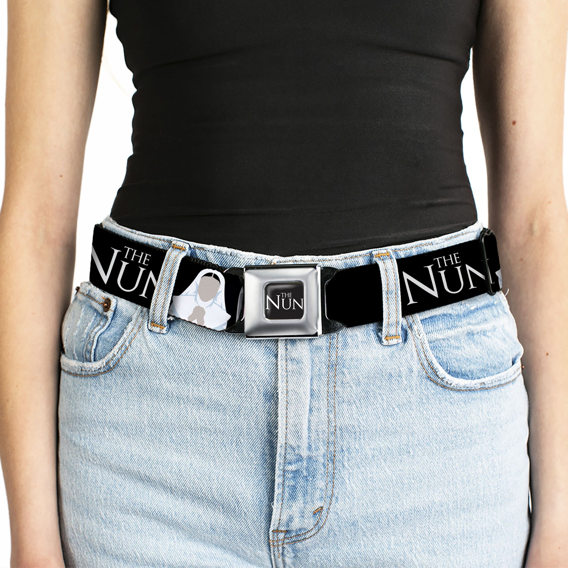 THE NUN Title Logo Full Color Black/White Seatbelt Belt - THE NUN Sister Irene and Demon Nun Valak Icons with Title Logo Black/White Webbing Seatbelt Belts The Nun