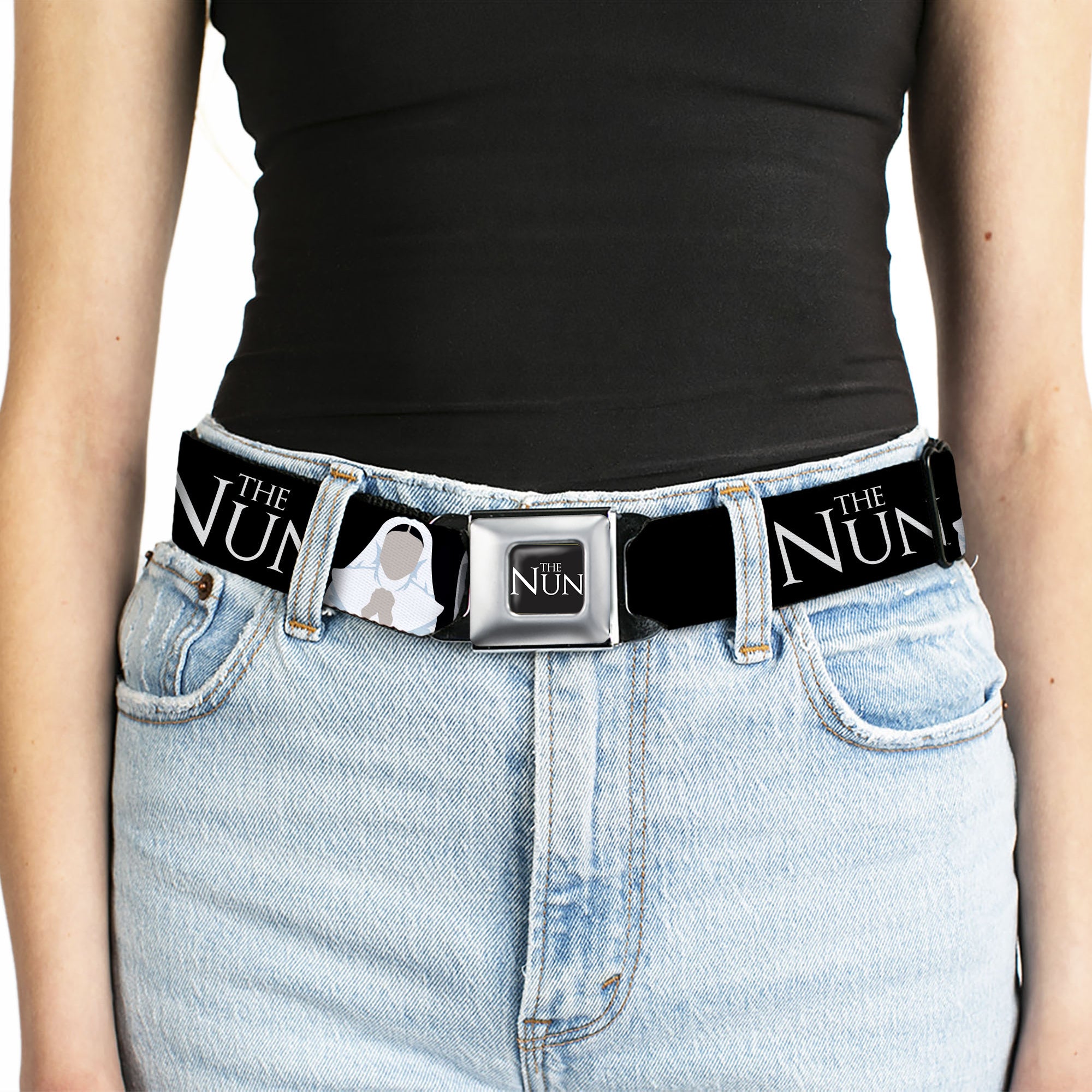 THE NUN Title Logo Full Color Black/White Seatbelt Belt - THE NUN Sister Irene and Demon Nun Valak Icons with Title Logo Black/White Webbing Seatbelt Belts The Nun