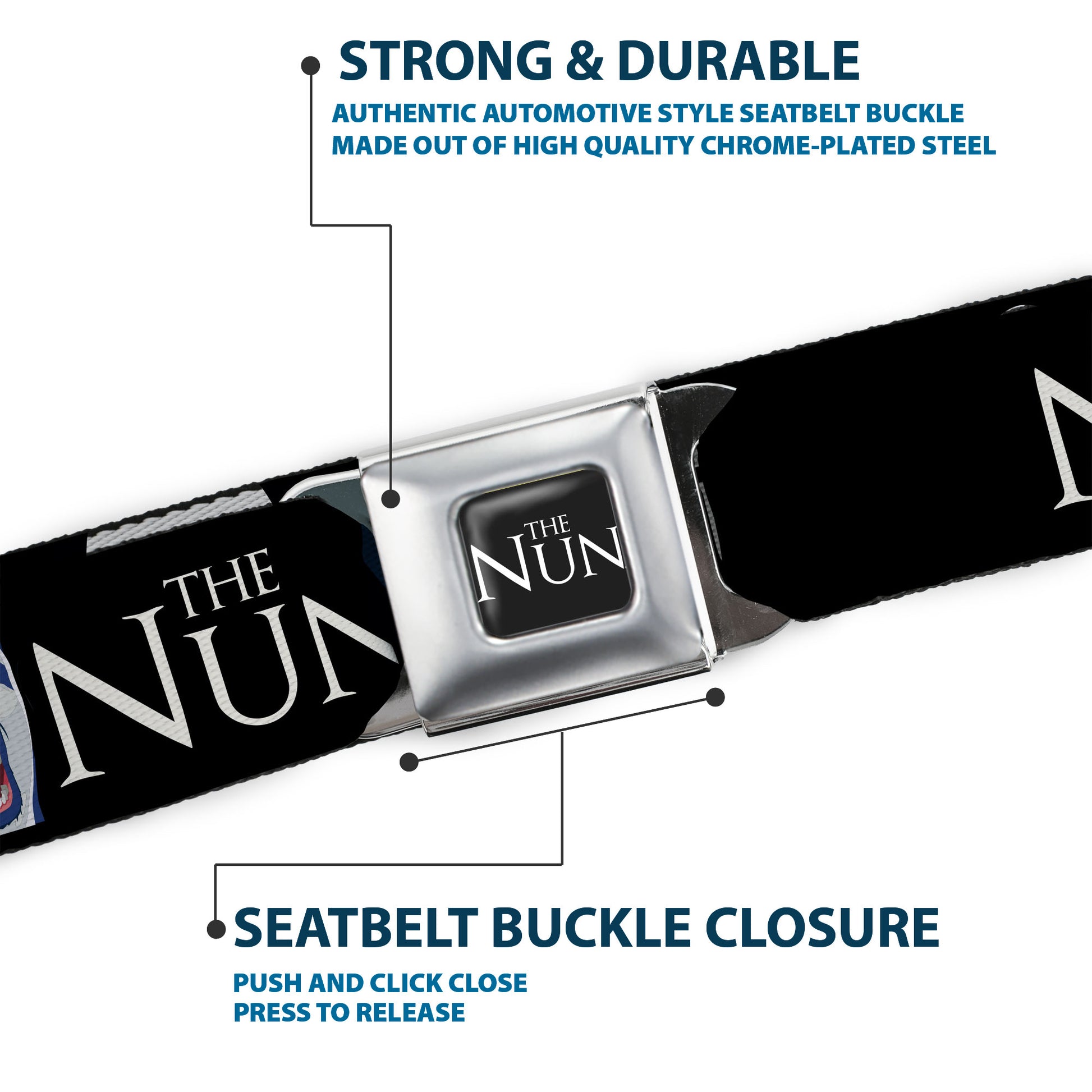 THE NUN Title Logo Full Color Black/White Seatbelt Belt - THE NUN Sister Irene and Demon Nun Valak Icons with Title Logo Black/White Webbing Seatbelt Belts The Nun