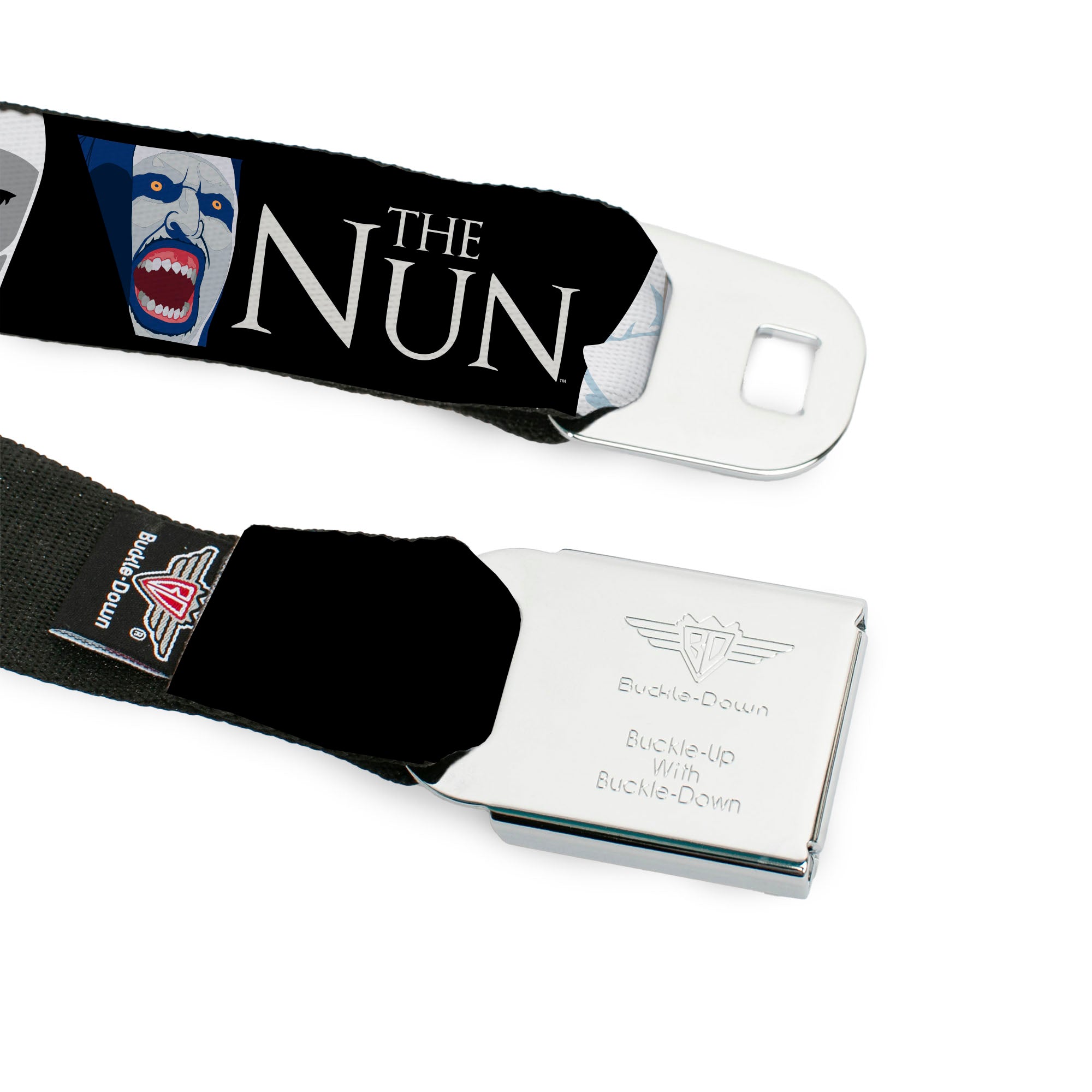 THE NUN Title Logo Full Color Black/White Seatbelt Belt - THE NUN Sister Irene and Demon Nun Valak Icons with Title Logo Black/White Webbing Seatbelt Belts The Nun