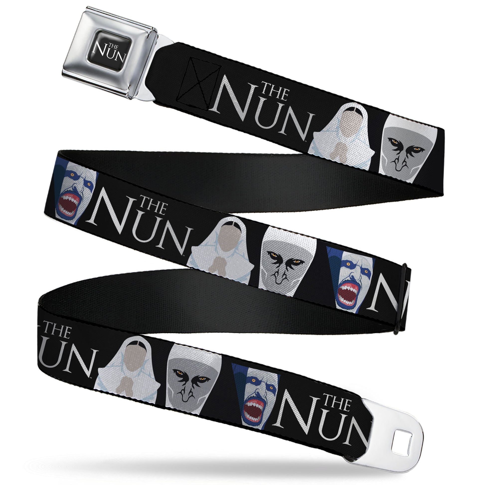 THE NUN Title Logo Full Color Black/White Seatbelt Belt - THE NUN Sister Irene and Demon Nun Valak Icons with Title Logo Black/White Webbing Seatbelt Belts The Nun