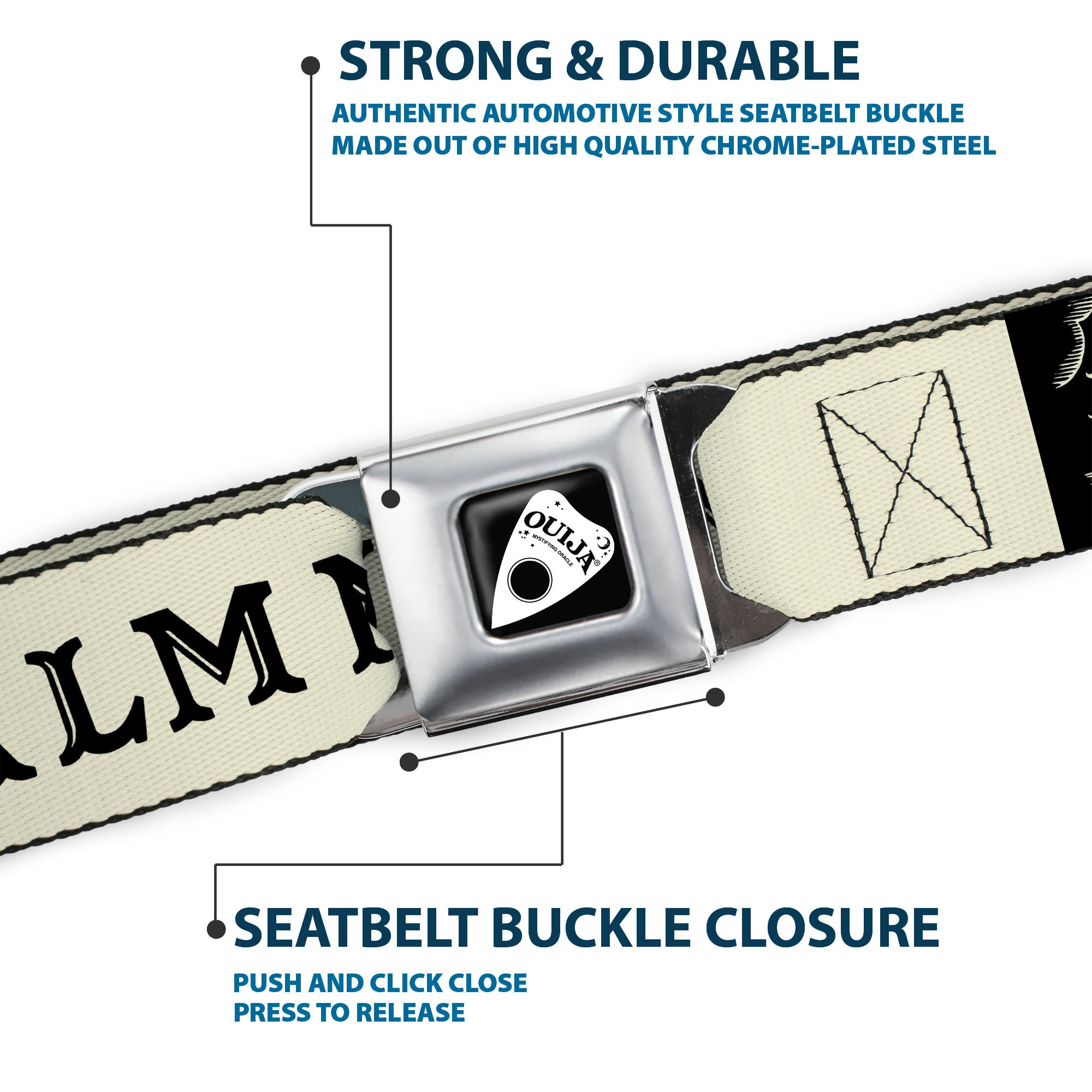 OUIJA Board Logo Planchette Full Color Red/White Seatbelt Belt - OUIJA Board Letters and Elements Beige/Black Webbing Seatbelt Belts Ouija Board